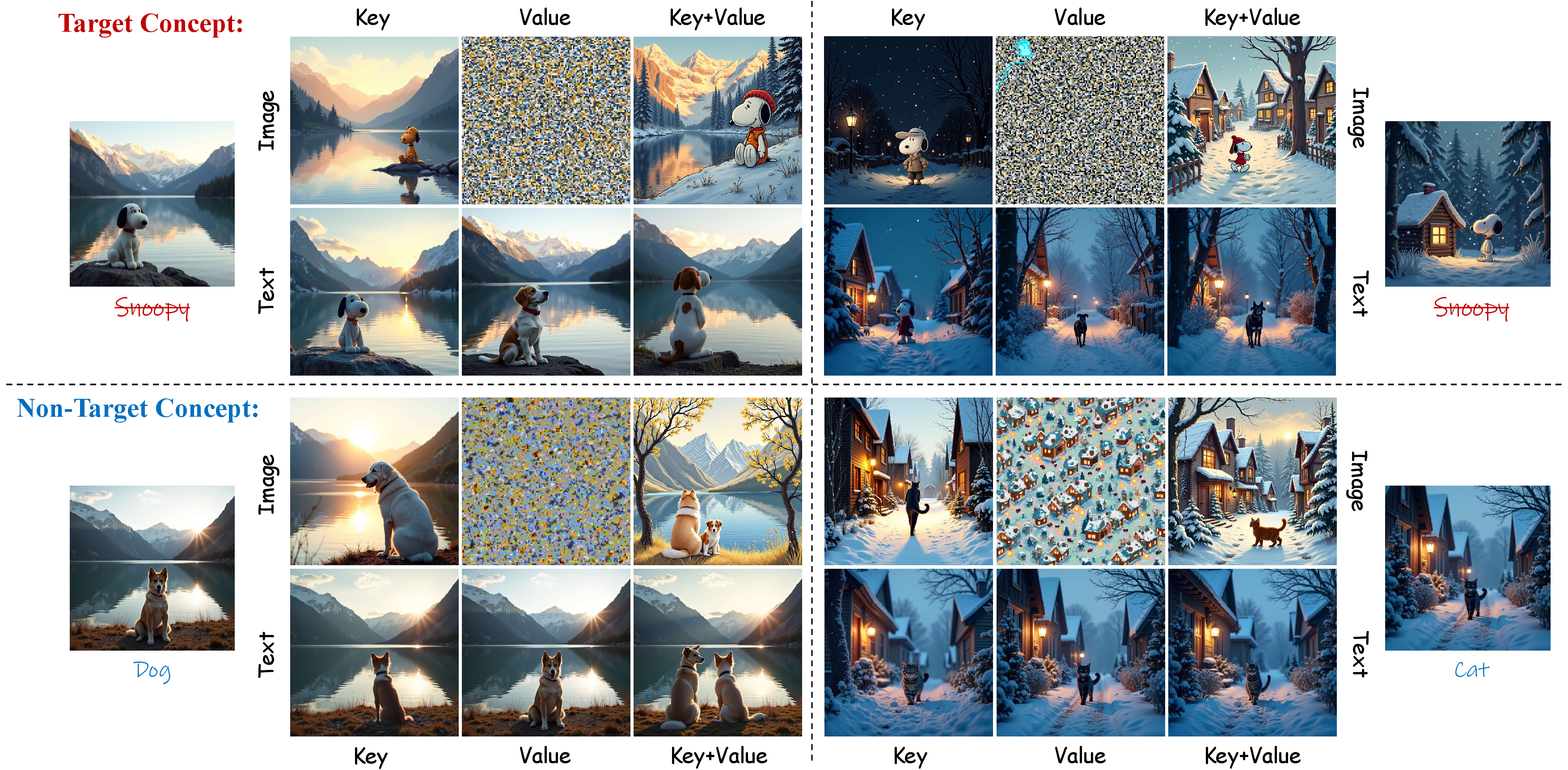 Figure 9: Visual ablation on different intervention spaces within the joint-attention blocks of FLUX. Intervening exclusively in the Text Value space balances target concept erasure ( “Snoopy”) with non-target prior preservation (“Dog”,“Cat”), avoiding the structural collapse observed during Image-space interventions.