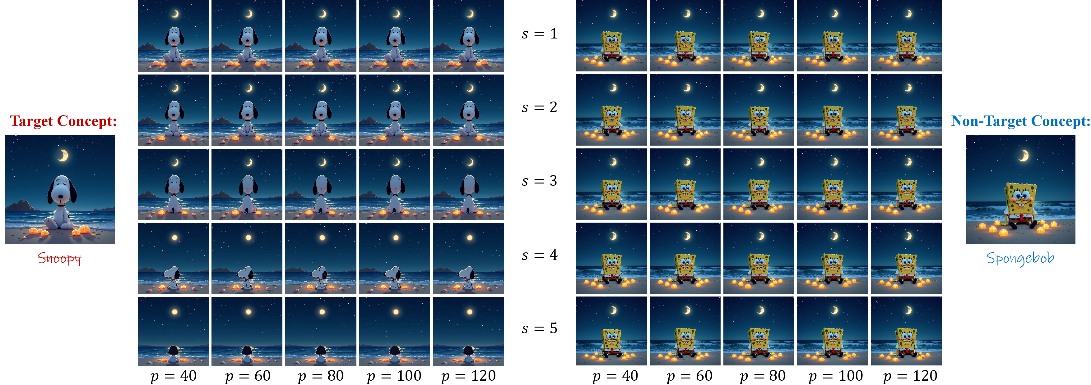 Figure 10: Visual ablation of the scaling factor (s) and steepness (p) in FLUX. The rows demonstrate that a higher s (e.g., s=5) effectively increases erasure strength (“Snoopy”). Concurrently, the columns show that a larger p minimizes spill-over effects to better preserve non-target concepts (“SpongeBob”).
