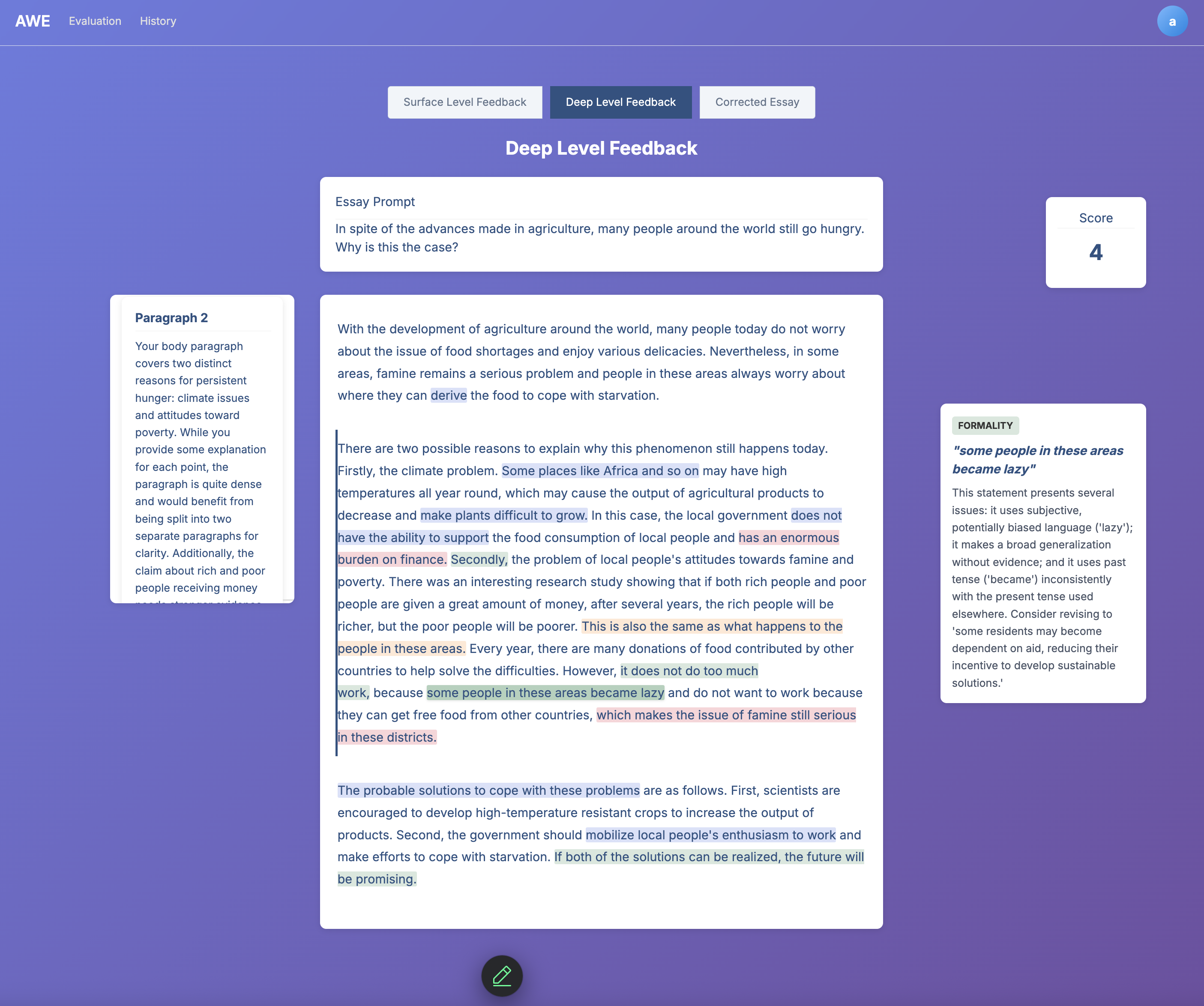 Figure 4: Screenshot of the deep-level feedback page