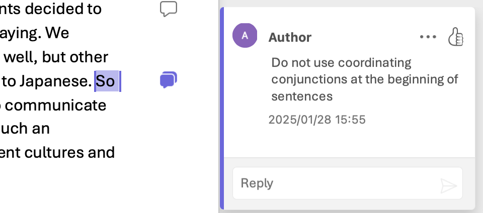 Figure 1: Example of a teacher comment in MS Word