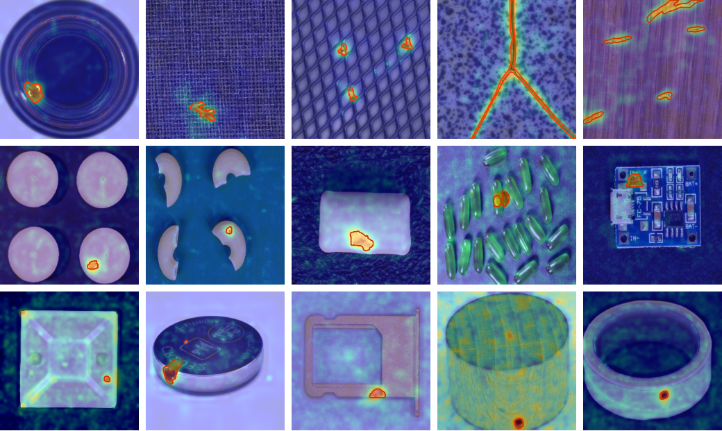 Figure 1: Examples from the MVTec AD (top), VisA (middle), and Real-IAD (bottom) datasets with SwinAD segmentation results overlaid. Orange contours indicate anomaly boundaries, while the blue-to-orange heatmaps visualize anomaly intensity for defects such as broken glass, scratches, and structural changes.