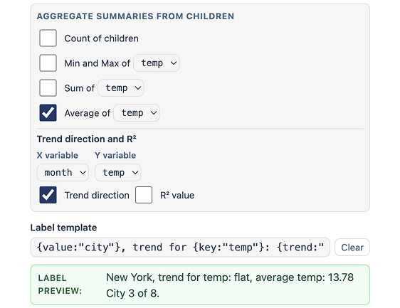 Figure 5: Group label pattern builder, including an array of aggregate summary options, template formatter field, and preview.