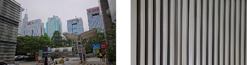 Figure 4: Example frames from the real-world videos used for evaluation. The left panel shows a normal scene, while the right panel shows a scene with strong linear structures.