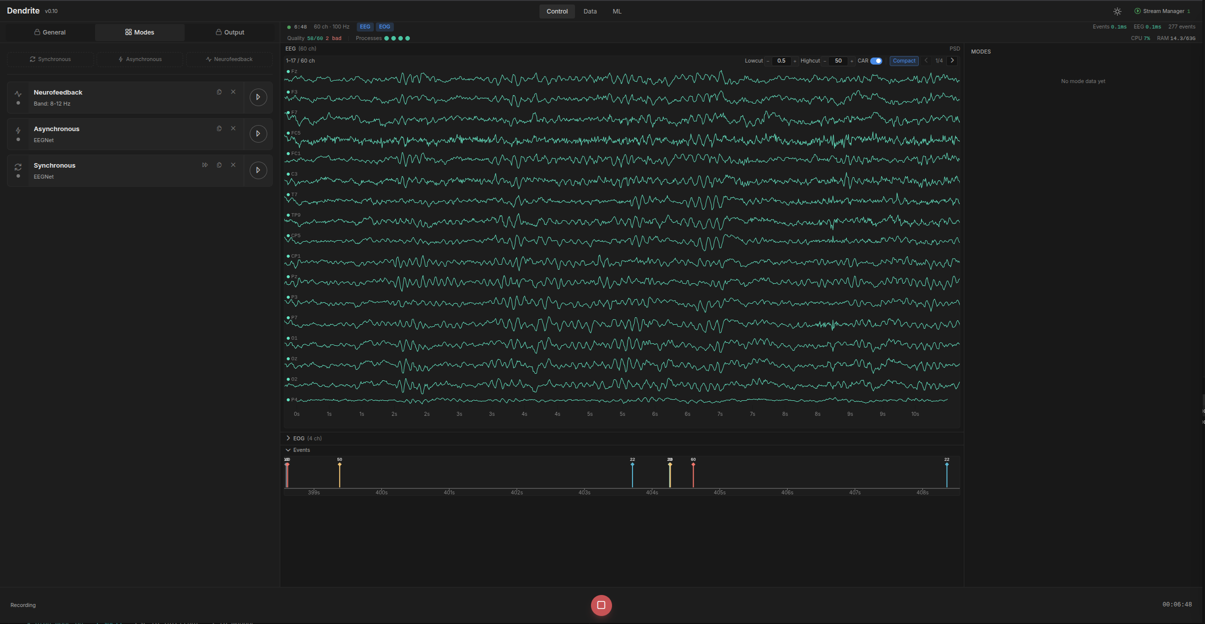 Figure 2: Dendrite Control view (v0.10) during a live recording. The centre panel shows live multi-channel EEG, decimated and preprocessed for visualisation, with channel-quality colouring. The modes panel on the left lists three concurrently active modes (Neurofeedback for band power, Asynchronous for continuous inference, Synchronous for event-triggered training), all reading from the same shared ring buffer. The bottom strip shows the LSL event timeline. The view is served from the FastAPI backend over WebSocket channels and accessible from any browser on the LAN.