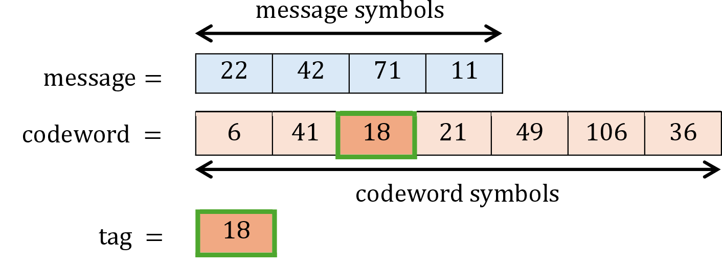 Figure 23: Illustration of tag generation in practical ID systems. A message vector is encoded into a codeword over a finite field, while only selected tag symbols are evaluated during the ID process. Adapted from [111].