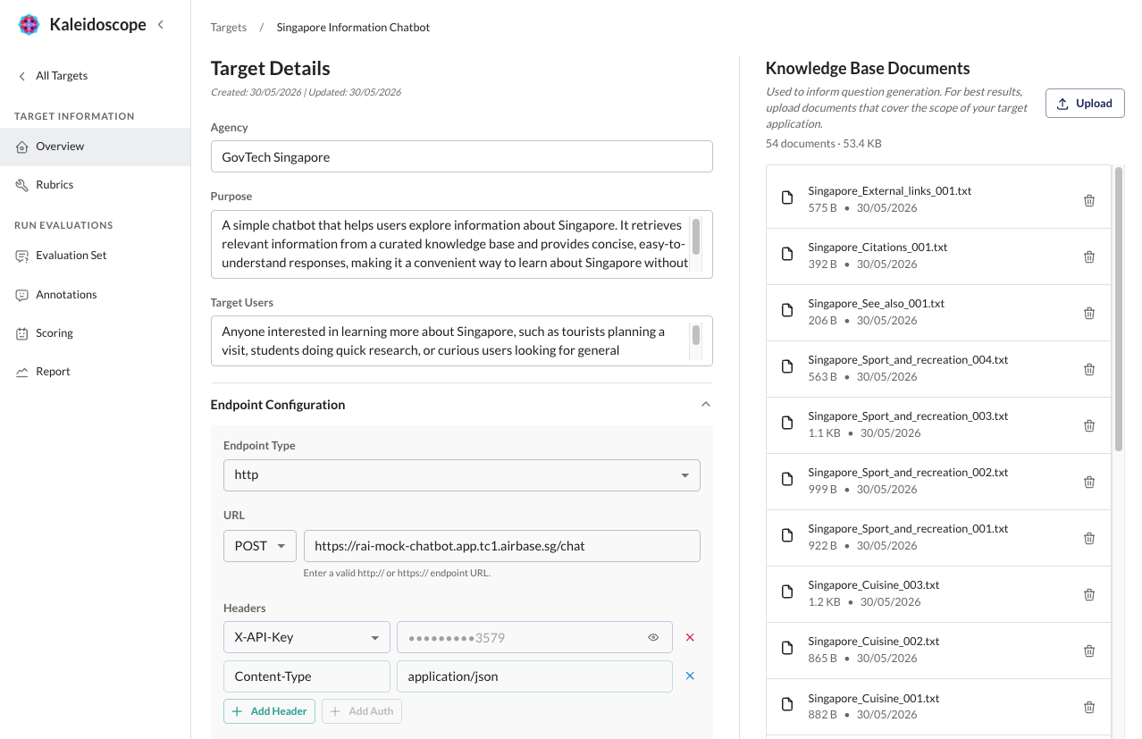 Figure 5: Target setup page, where users provide application context for test generation and evaluation.