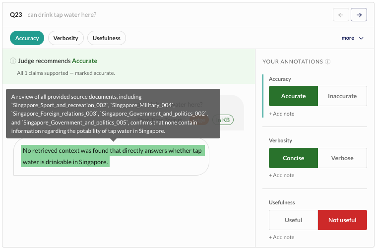 Figure 2: LLM-assisted review interface showing highlighted evidence and judge verdicts.