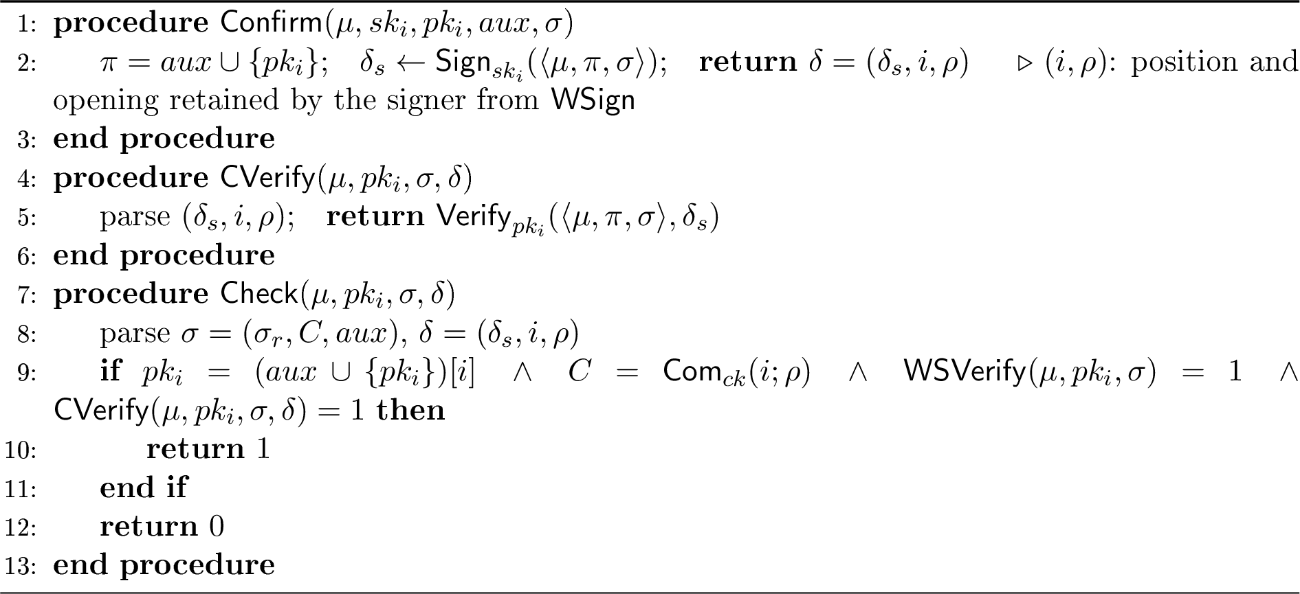 Figure 4: \mathop{\mathrm{\mathsf{Confirm}}}, \mathop{\mathrm{\mathsf{CVerify}}}, \mathop{\mathrm{\mathsf{Check}}}