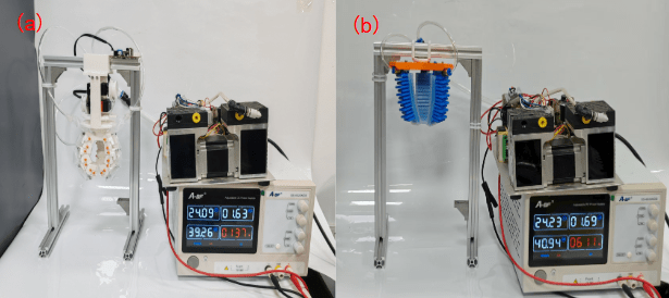 Figure 10: Energy consumption comparison during operation between the proposed gripper and a conventional soft gripper. (a) Proposed gripper; (b) Conventional soft gripper.