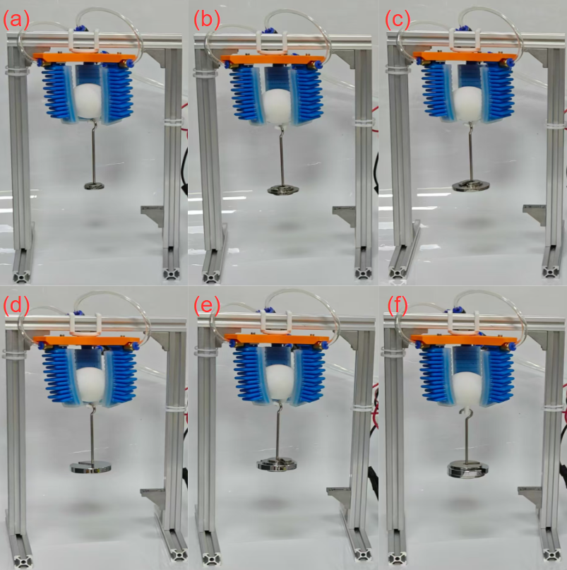 Figure 8: Maximum load capacity of a conventional soft gripper measured under different pneumatic pressures: (a) 5 kPa, (b) 10 kPa, (c) 15 kPa, (d) 20 kPa, (e) 25 kPa, and (f) 30 kPa.