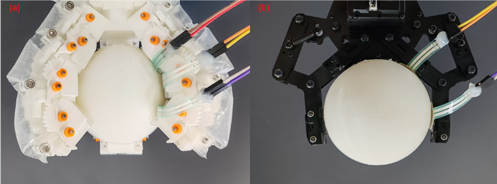 Figure 6: Contact pressure measurements of different joints using thin-film sensors. (a) Proposed gripper; (b) rigid gripper.