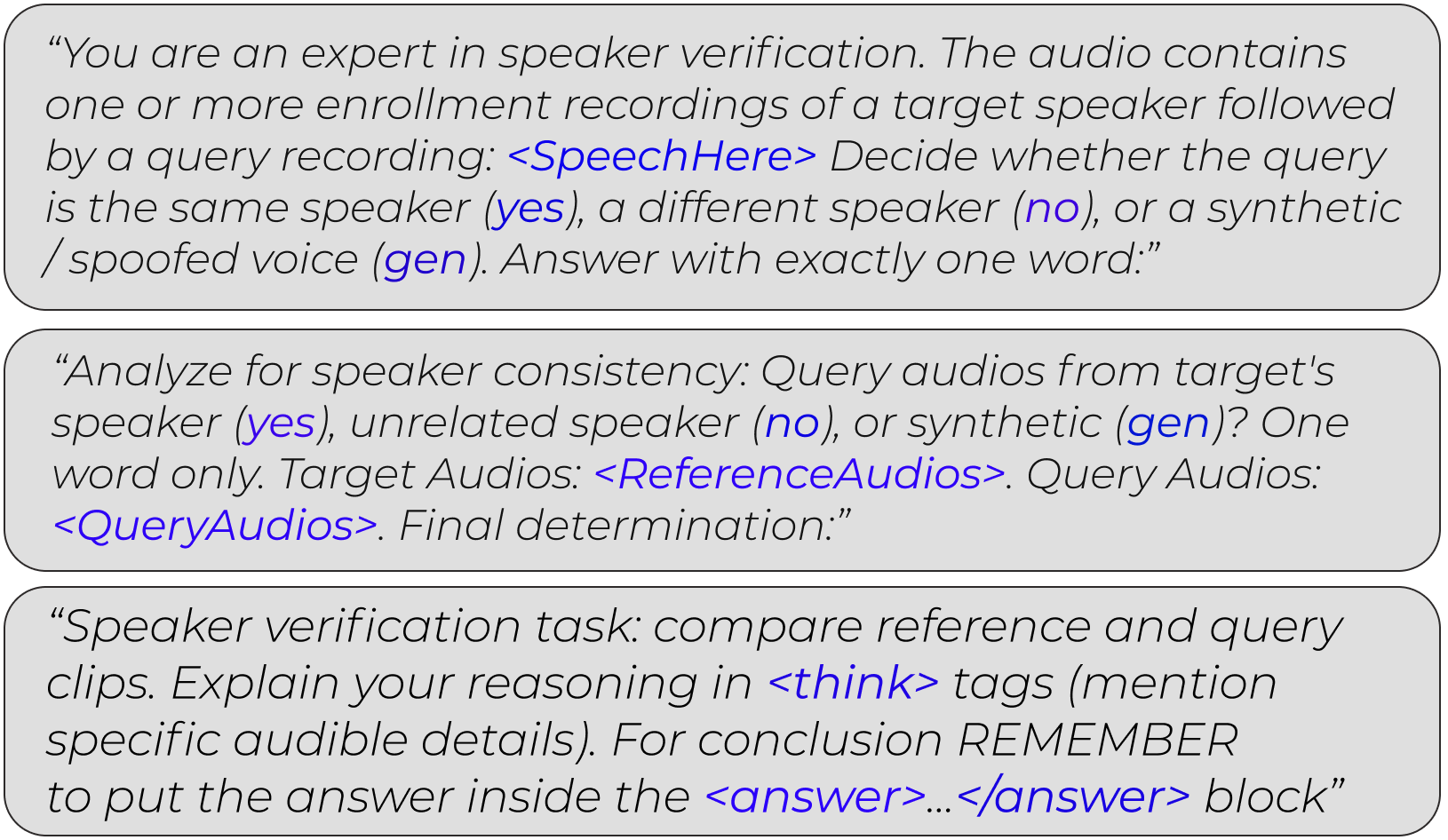 Figure 1: Prompt variants for LALM-based SASV. Top: direct decision over concatenated audio. Middle: multi-audio prompting with separate enrollment/trial tokens. Bottom: reasoning-augmented prompt.