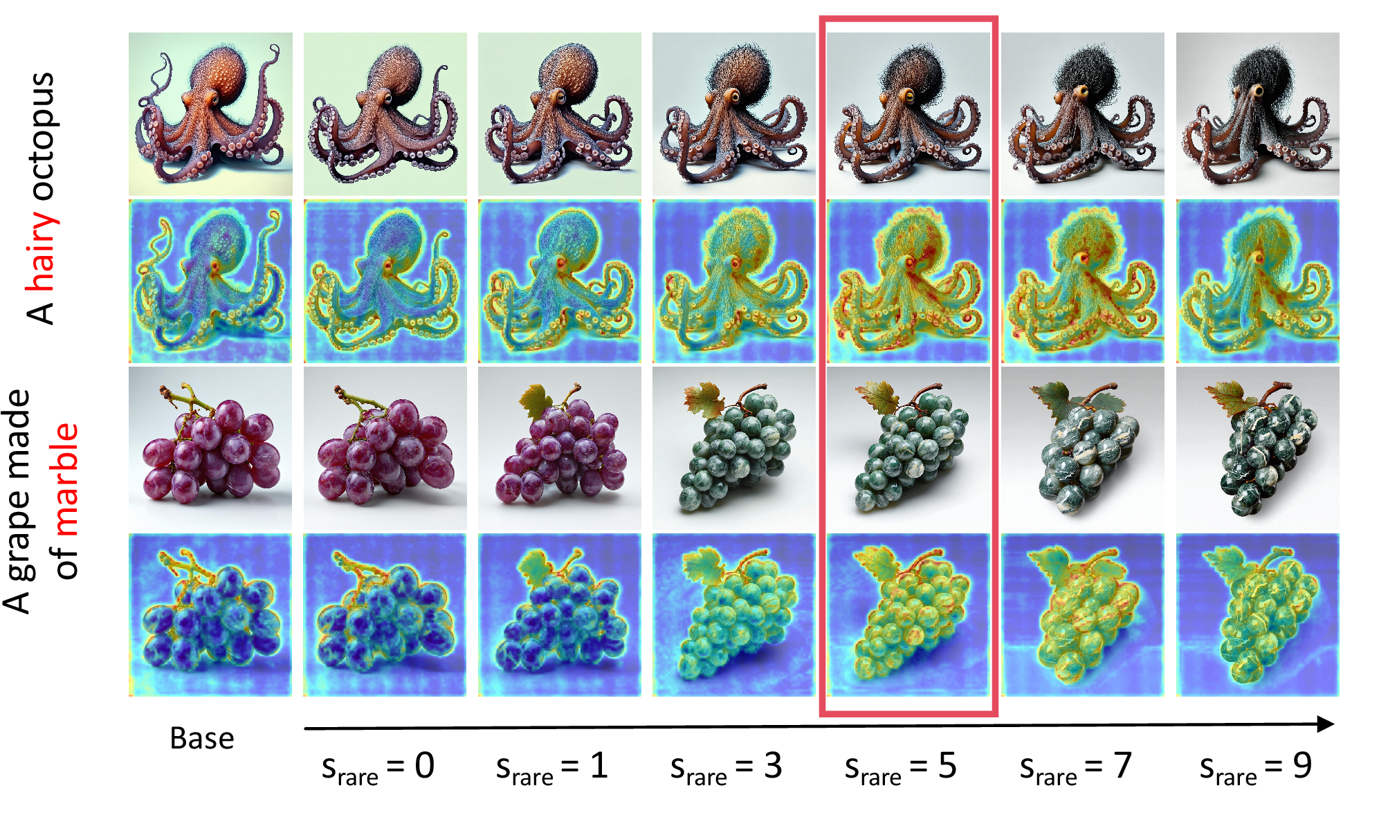 Figure 7: Visualizing the impact of s_{rare} on generated images and cross-attention maps. Different values of s_{rare} greatly change the expression of rare attributes and the focus range of cross-attention, and visual comparison proves that s_{rare} = 5 achieves the optimal generation result.