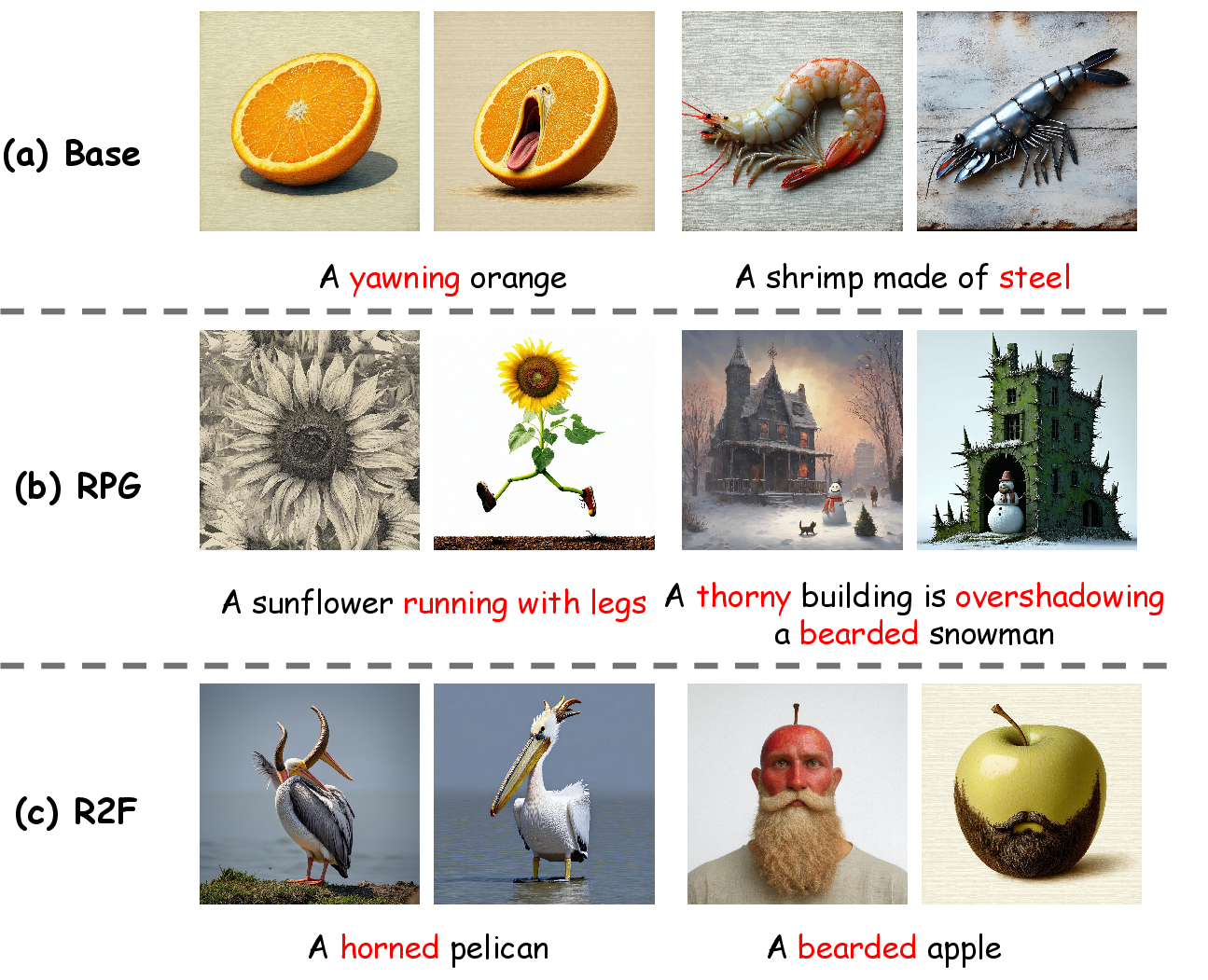 Figure 1: Weaknesses of existing methods. Conventional generation approaches are restrained by common knowledge bias and struggle to produce rare-concept images faithfully, whereas our CI-Diff achieves high-quality rare concept generation. The right image in each group shows results generated by our CI-Diff.