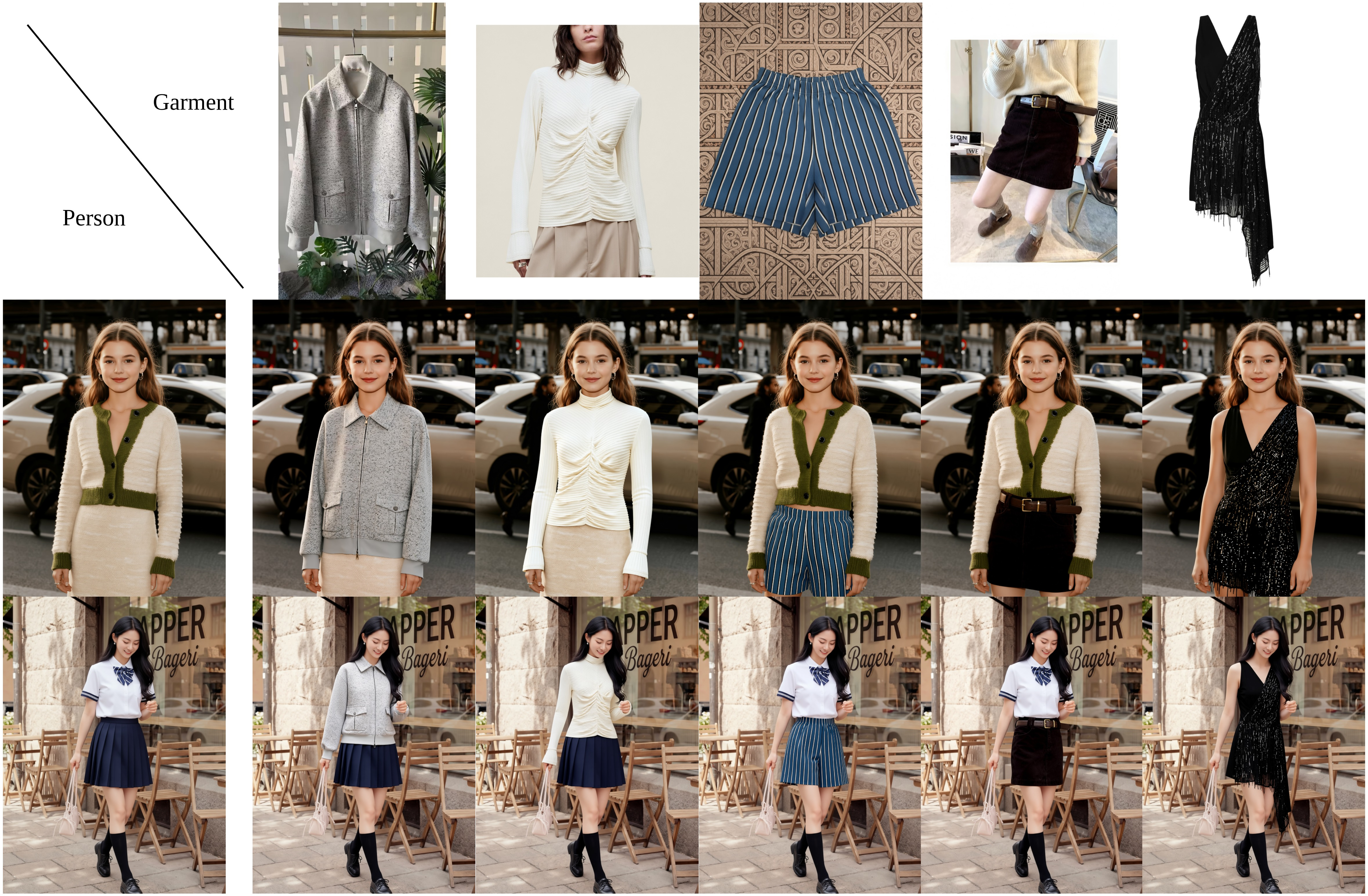 Figure 8: Robust single-garment virtual try-on under complex backgrounds and subject-to-subject transfer settings. Best viewed when zoomed in.