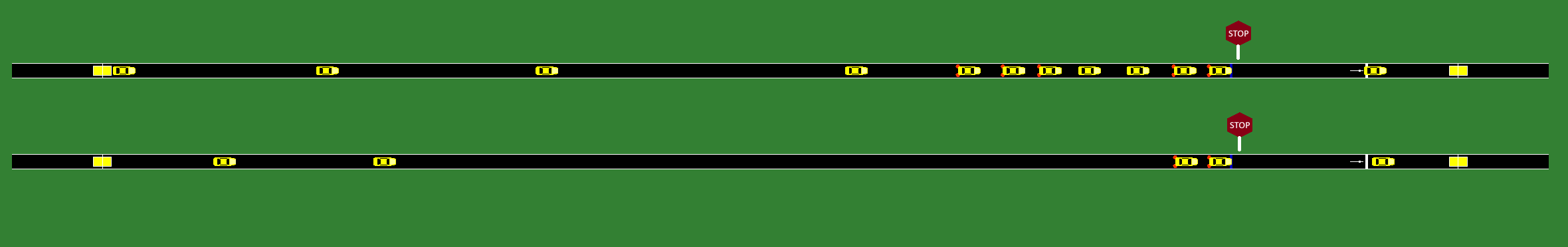 Figure 7: Screenshot of SUMO-based simulation experiment. The two equivalent routes with stop signs exhibit BPR-like dependence of mean travel time on flow.