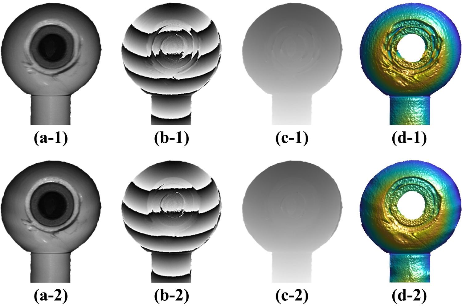 Figure 4: Effect of the proposed motion compensation on phase maps and 3D reconstruction. The first row shows the results before compensation, and the second row shows the results after compensation: (a) averaged image, (b) wrapped phase, (c) unwrapped phase, and (d) reconstructed 3D result.