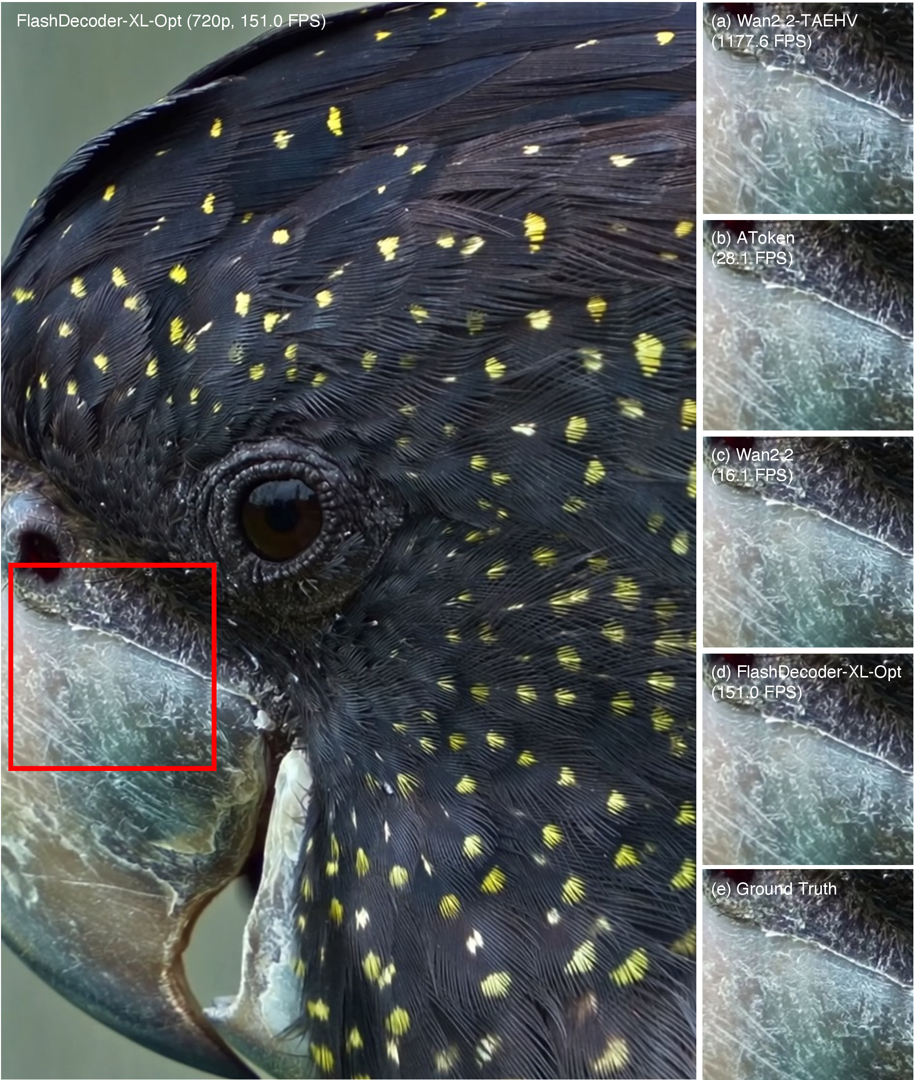 Figure 6: Qualitative comparison of 720p reconstruction results. We compare reconstructed frames from video decoders with 4\times temporal and 16\times spatial compression: (a) Wan2.2-TAEHV [48], (b) AToken [47], (c) Wan2.2 [2], (d) our FlashDecoder-XL-Opt, and (e) ground truth. (a) and (b) produce blurry reconstructions, while (c) and (d) yield visually comparable outputs, yet (d) achieves over 9{\times} higher throughput.