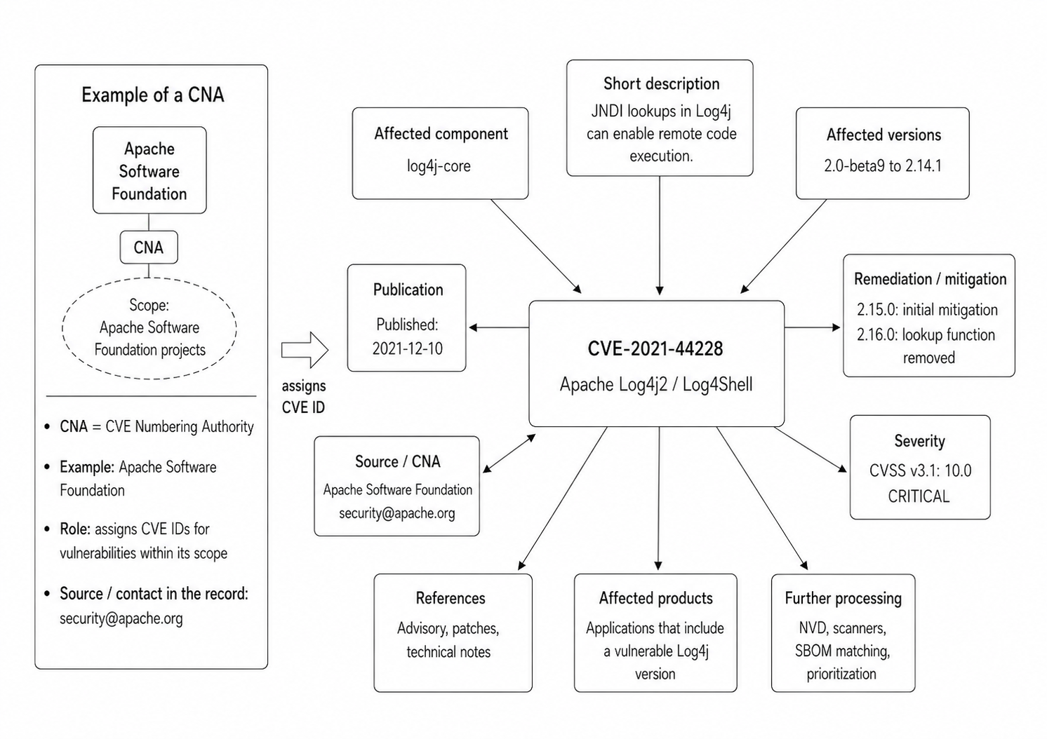 Figure 2: Schematic representation of a CVE Numbering Authority and the information associated with a CVE record, using CVE-2021-44228 (Log4Shell) as an example. The Apache Software Foundation acts as the responsible CNA, while downstream systems add further assessments and mappings to the published record.
