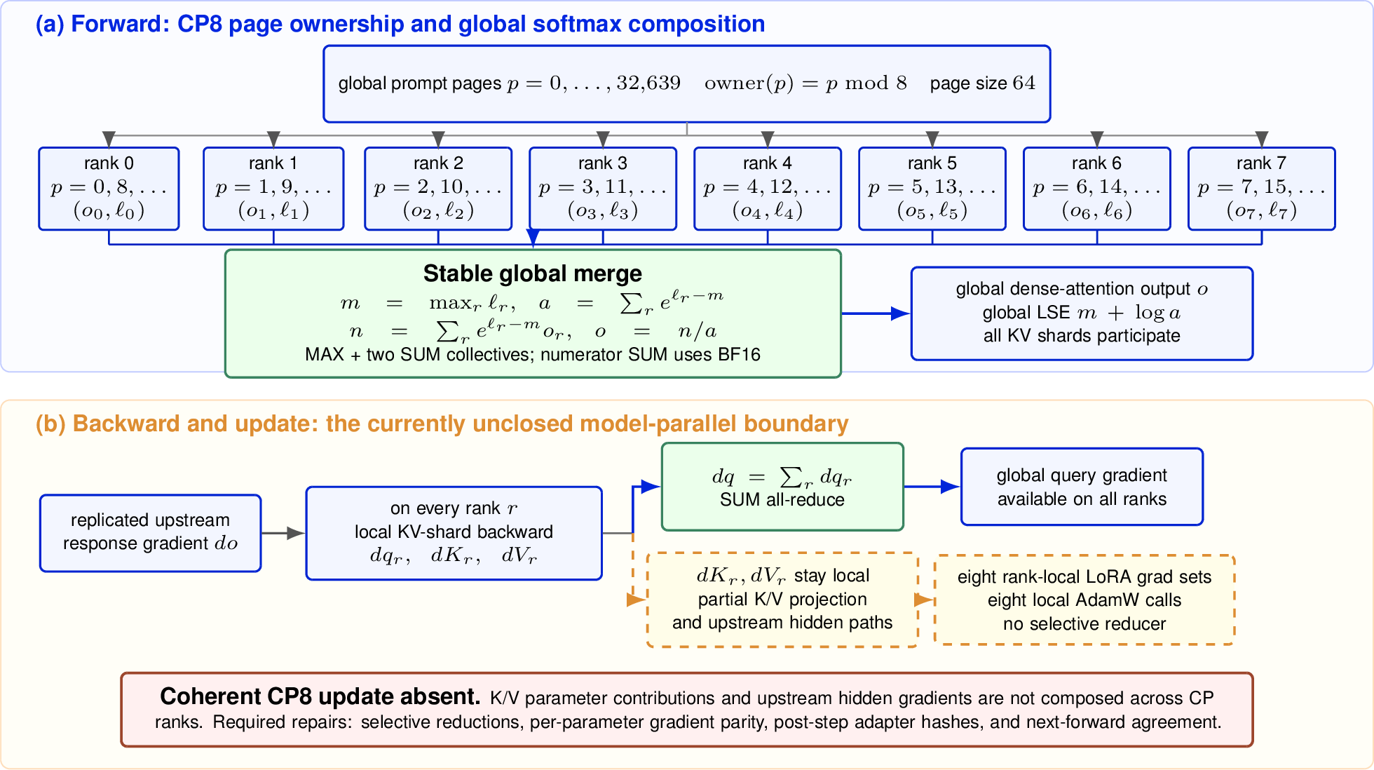 Figure 6: Qwen CP8 forward fidelity and backward synchronization gap.The full-attention forward partitions physical KV pages and recomposes theglobal softmax over all shards, subject to the BF16 numerator reduction. Backwardall-reduces the query gradient, but K/V-derived parameter and hidden-gradientcontributions remain rank local before eight local optimizer calls. Thereceipt therefore establishes global conditional-forward and update-shapedexecution capacity, not a coherent distributed model update.