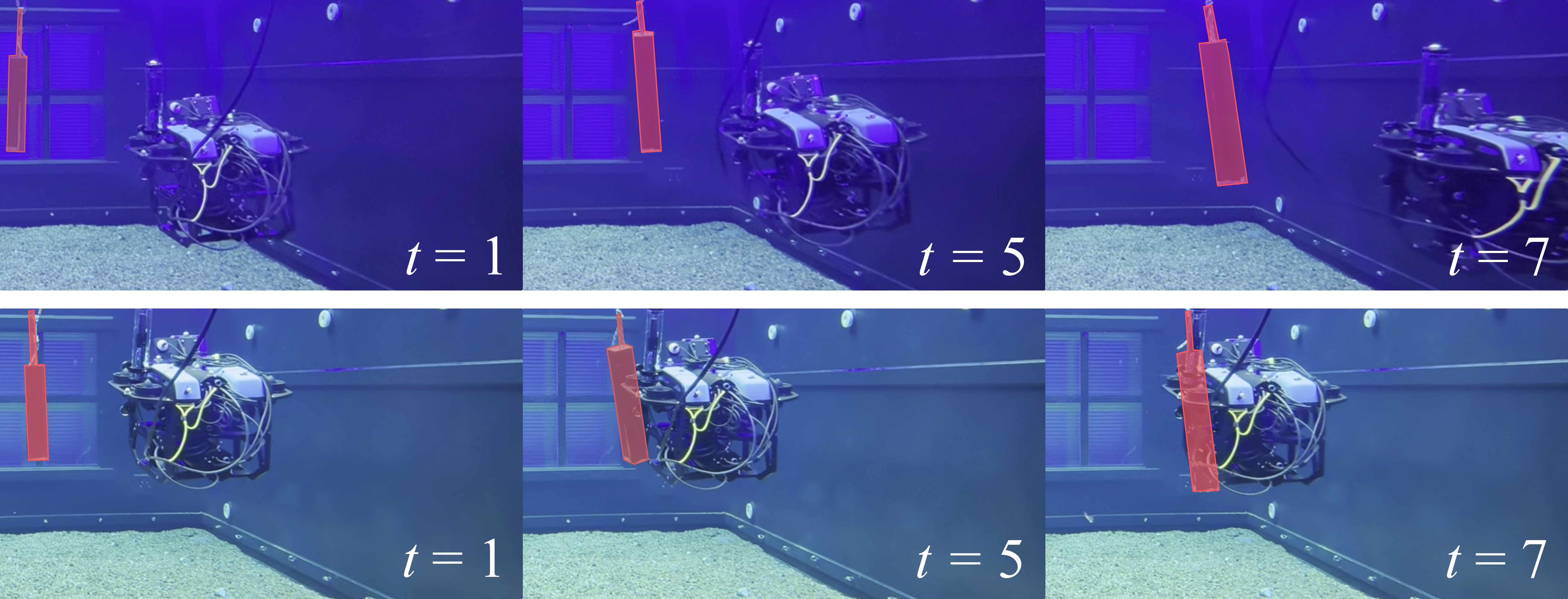 Figure 7: Snapshots of one hardware run in the head-on collision scenario. The obstacle is highlighted with a red mask. Upper: Ours. Lower: [30].