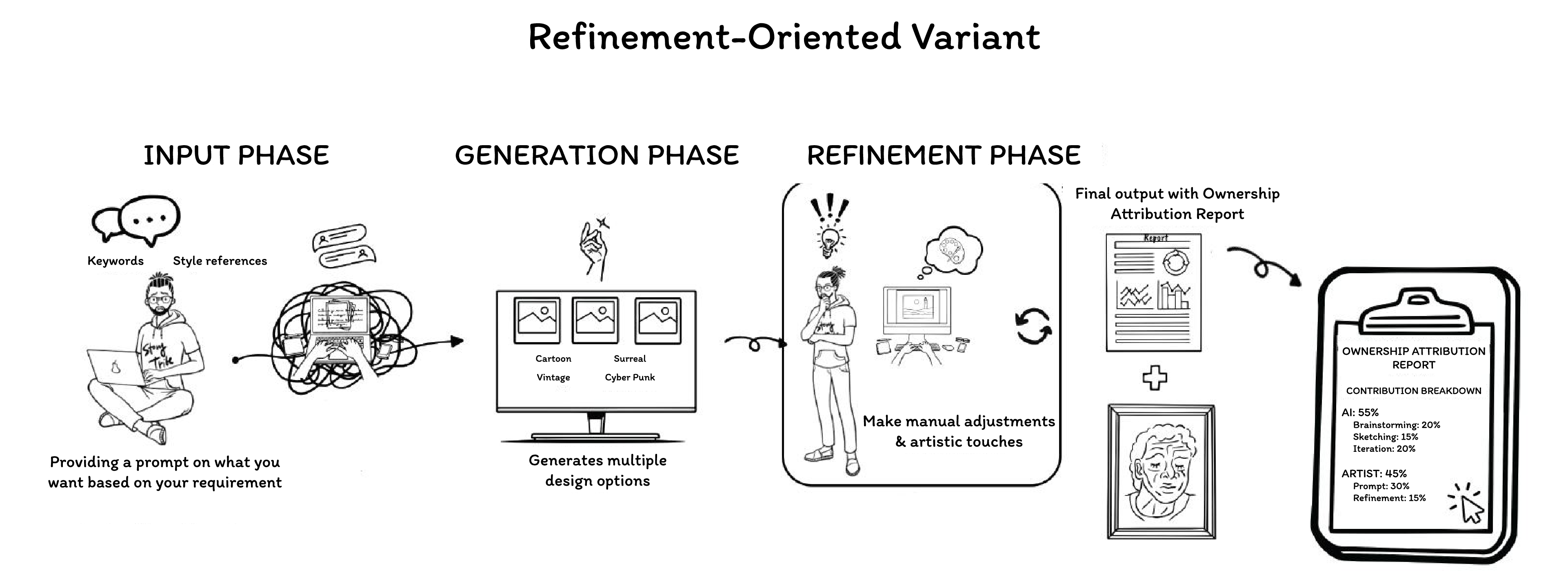 Figure 1: Refinement-Oriented Variant co-creation process between the artist and ArtSplit, where the artist provides a prompt, receives an image, refines it, and is assigned approximately half of the ownership.