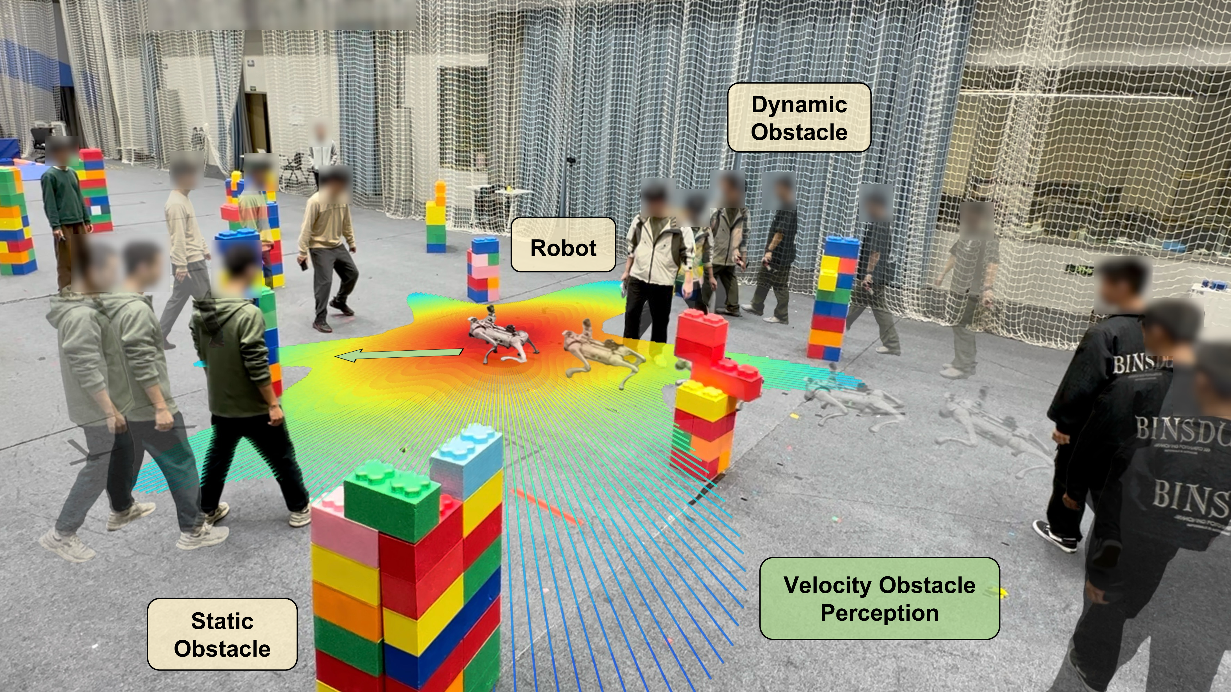 Figure 1: Real-world deployment of VOP-Nav on a Unitree Go2 robot. The overlay visualizes the safe velocity region predicted by VOP-Net, where the gradient from red to blue denotes collision risk from high to low.