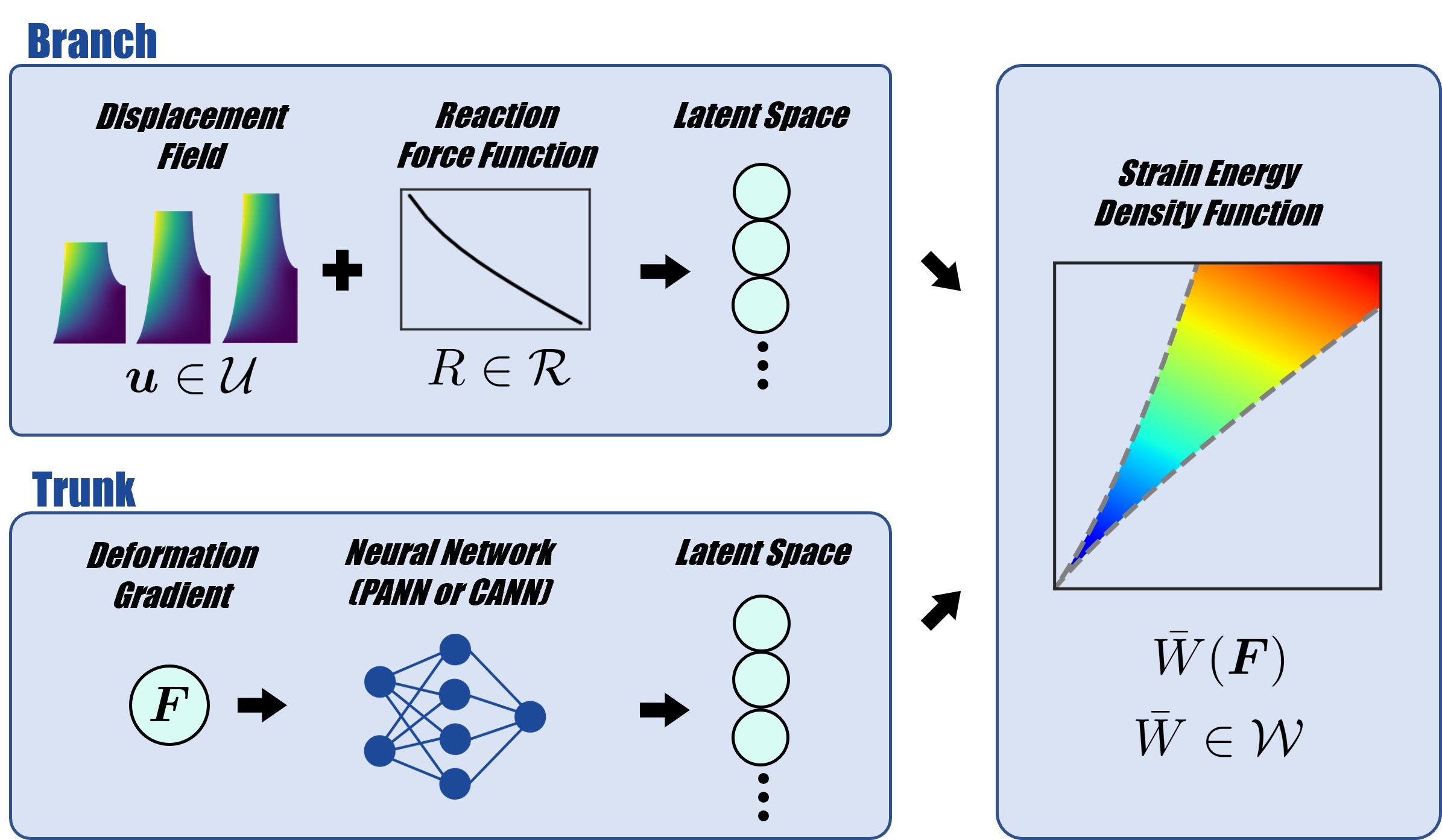 Figure 1: Graphical abstract: The Physics-Augmented Neural Operator (PANO) and Constitutive Artificial Neural Operator (CANO) are composed of a trunk and branch net. The trunk net maps the deformation gradient to a latent space. The Physics-Augmented Neural Network (PANN) or Constitutive Artificial Neural Network (CANN) architecture chosen for the trunk net guarantee physical admissibility of the material model. The discretization-independent and noise-robust branch net maps the given displacement and reaction force data to another latent space. The inner product of the latent spaces yields the strain-energy density. After a trained neural operator is queried with a given set of displacement and reaction force data, the branch net can be discarded, and the strain-energy density can be evaluated for any arbitrary deformation.