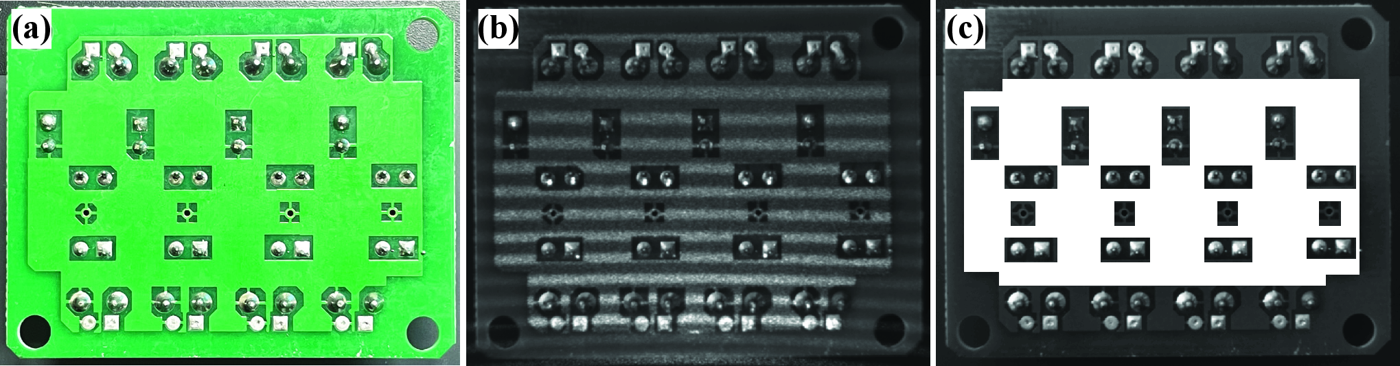 Figure 12: Experimental setup for the PCB accuracy test. (a) Printed circuit board (PCB) used as the test object. (b) Captured fringe projected image. (c) Masked region (white) used for quantitative evaluation.