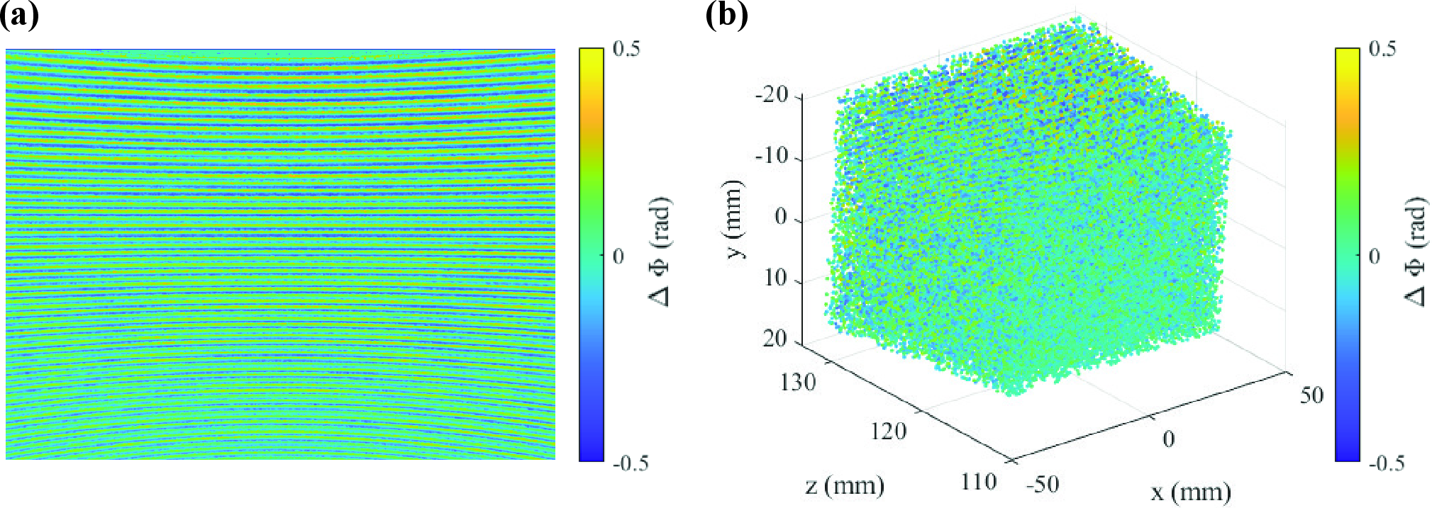 Figure 3: The phase error obtained with a calibration board. (a) Phase error obtained from a single calibration board pose. (b) 3D phase error scalar field.