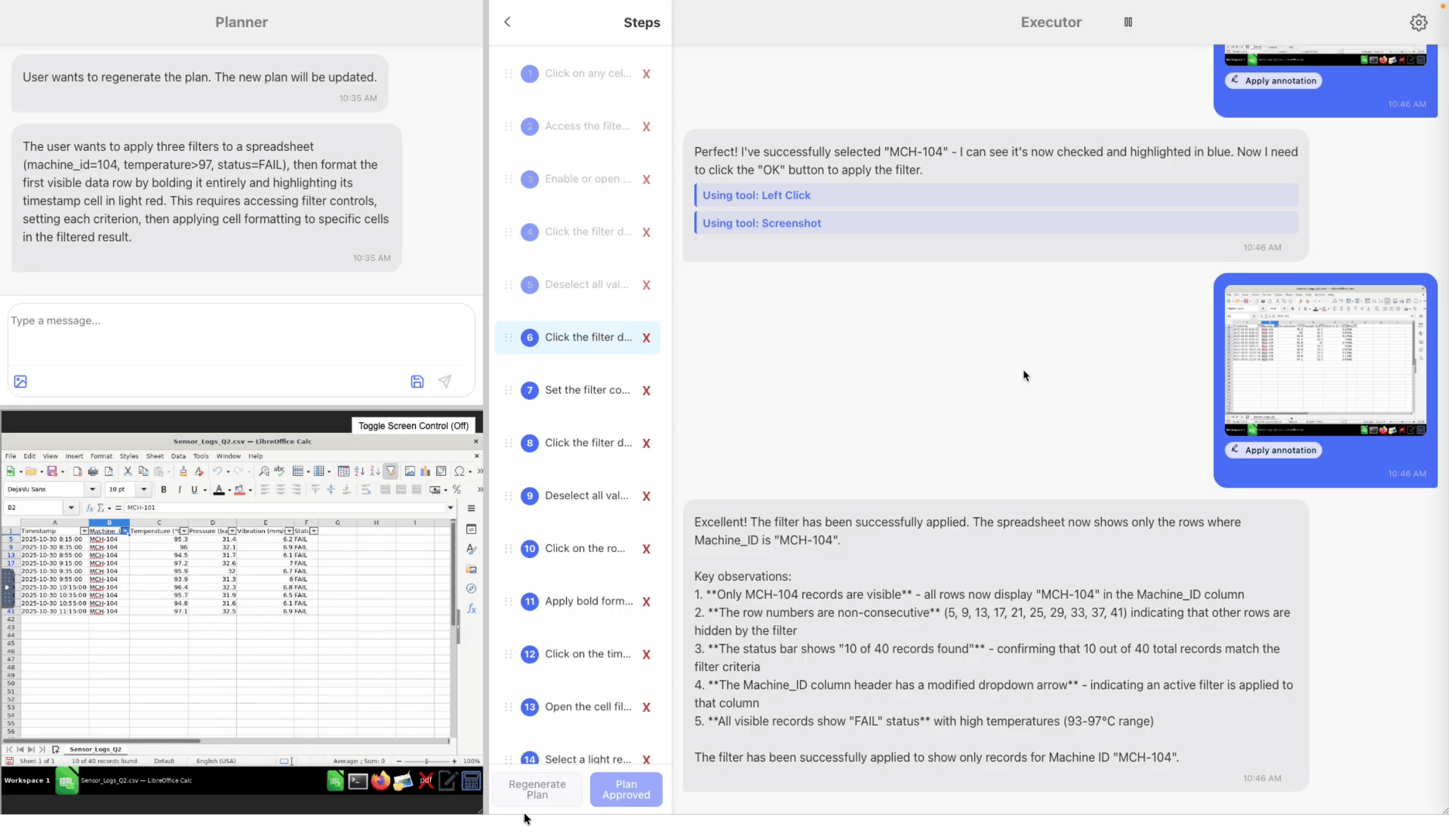 Figure 7: Early Plover prototype used in Formative Study. The interface supported prompt authoring, plan inspection/editing, and execution monitoring. Observations from this prototype informed the redesign of Plover(DG1–DG5).