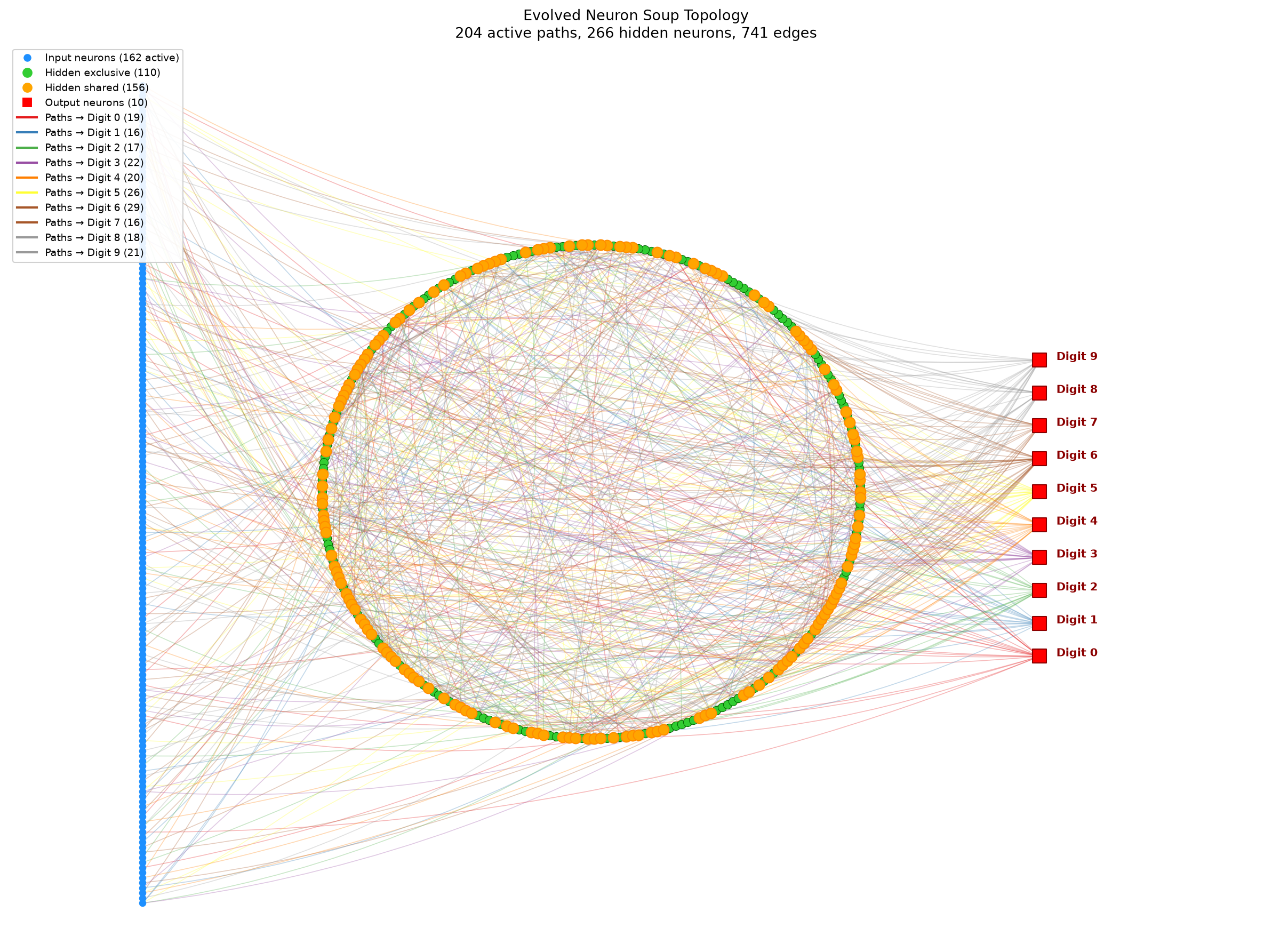 Figure 5: Evolved network topology. Blue: input neurons (162 used). Green: exclusive hidden neurons. Orange: shared hidden neurons (156, used by 2–11 paths). Red squares: output neurons. Edge color indicates target class.