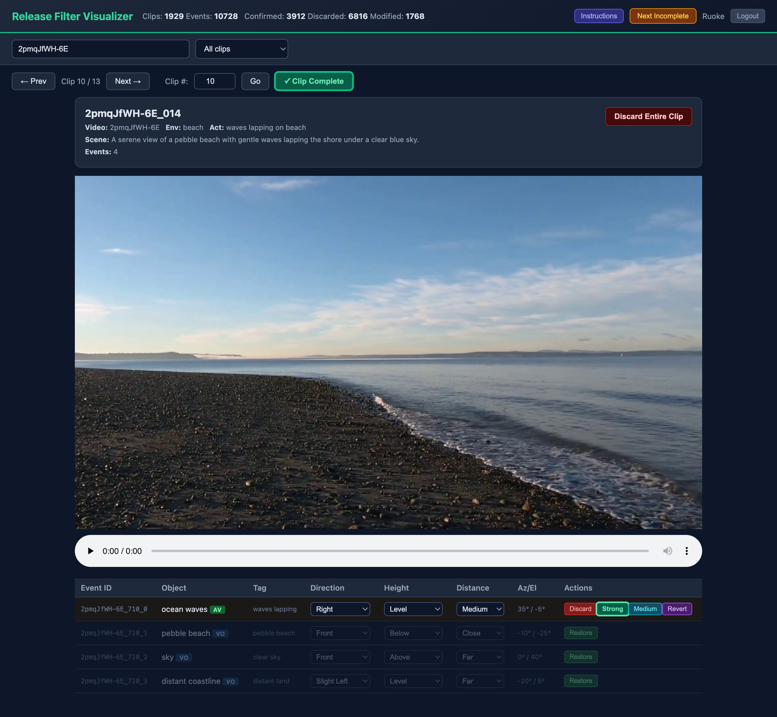 Figure 9: Human verification interface for reviewing candidate benchmark clips. It allows reviewers to inspect the representative image, binaural audio, scene description, object clauses, and spatial labels, then discard invalid samples or correct annotations when needed.