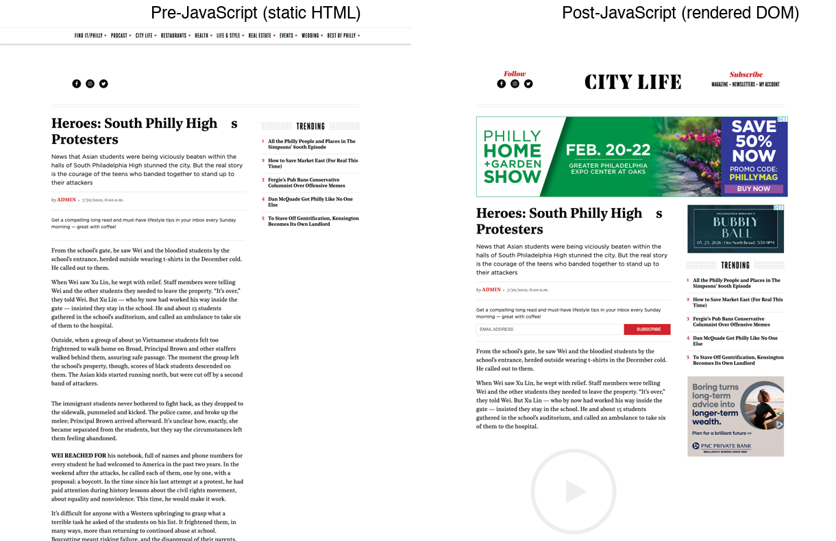 Figure 7: Side-by-side comparison of the same page rendered without JavaScript (left) and with JavaScript (right). The static HTML contains only the article text and empty ad placeholders, while the JavaScript-rendered page shows filled ad slots—all of which resolve to cross-origin iframes invisible to DOM-based text extraction. Source: https://www.phillymag.com/news/2010/07/30/heroes-south-philly-high-s-protesters/8/.