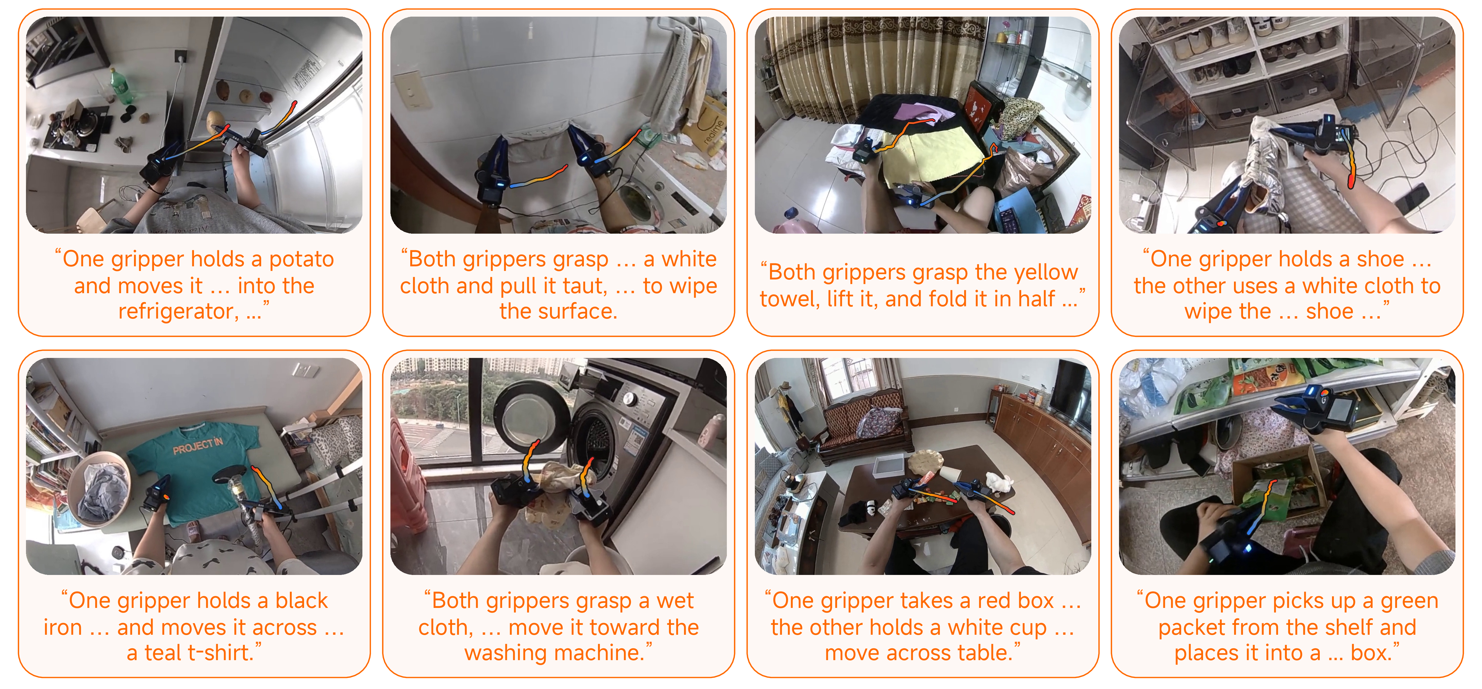 Figure 6: Qualitative Results of Pre-training. After pre-training, Xiaomi-Robotics-1 is able to predict action trajectories for UMI grippers on a held-out validation set according to the language description of state transitions.