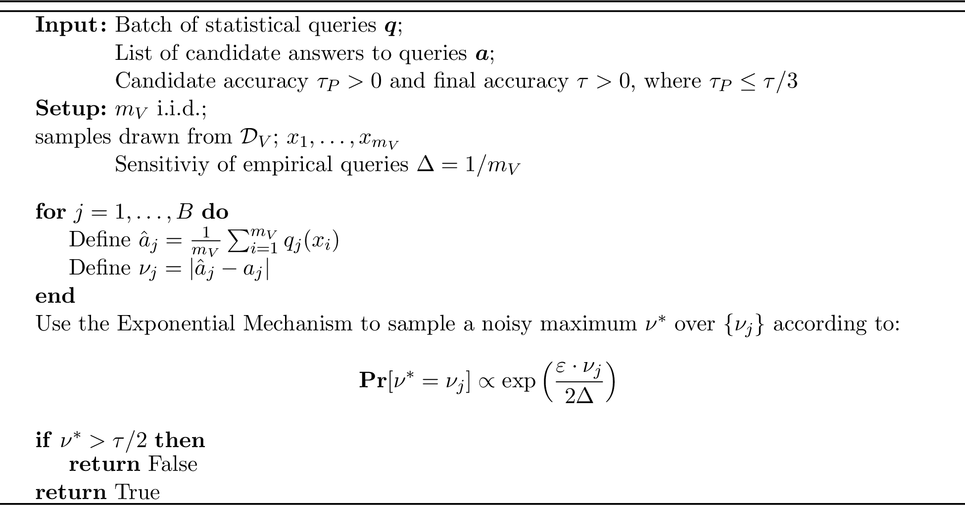 Figure 5: \mathsf{DPValidate}(\vec{v}, \vec{a}, \tau_P, \tau)   i.e., Differentially-Private Statistical Validation