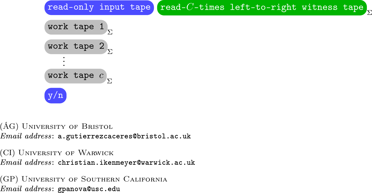 Figure 3: A machine over an arbitrary alphabet \Sigma, with a constant number c of work tapes, and in which the witness tape can be read a constant C of times. This machine can be simulated by the verifier \mathsf{NL} machine of Figure 1.