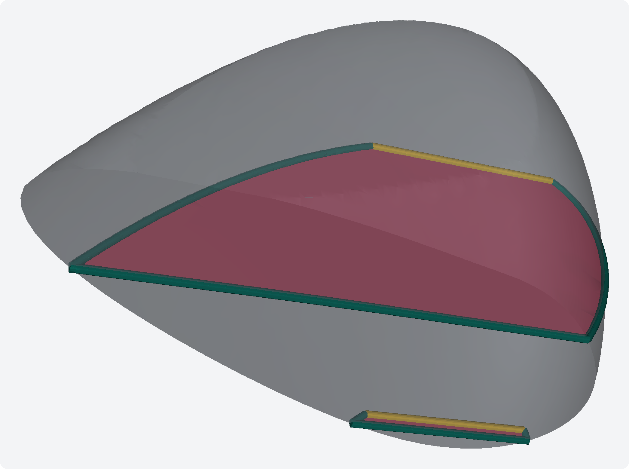Figure 6: A non-manifold domain with fins (Mode 2). A single body, shown translucent, wraps two open patches — half-inserted intrusion surfaces — as fins, each part of the body’s boundary. Teal traces where a fin meets the body: a non-manifold edge whose two sides are fused into one domain (d_0 = d_1); amber traces the fin’s free open edge. Mode 1 (ignore_open_fragments) drops the fins, recovering a closed manifold of equal volume. Rendered from the geological arrangement of Figure 10.