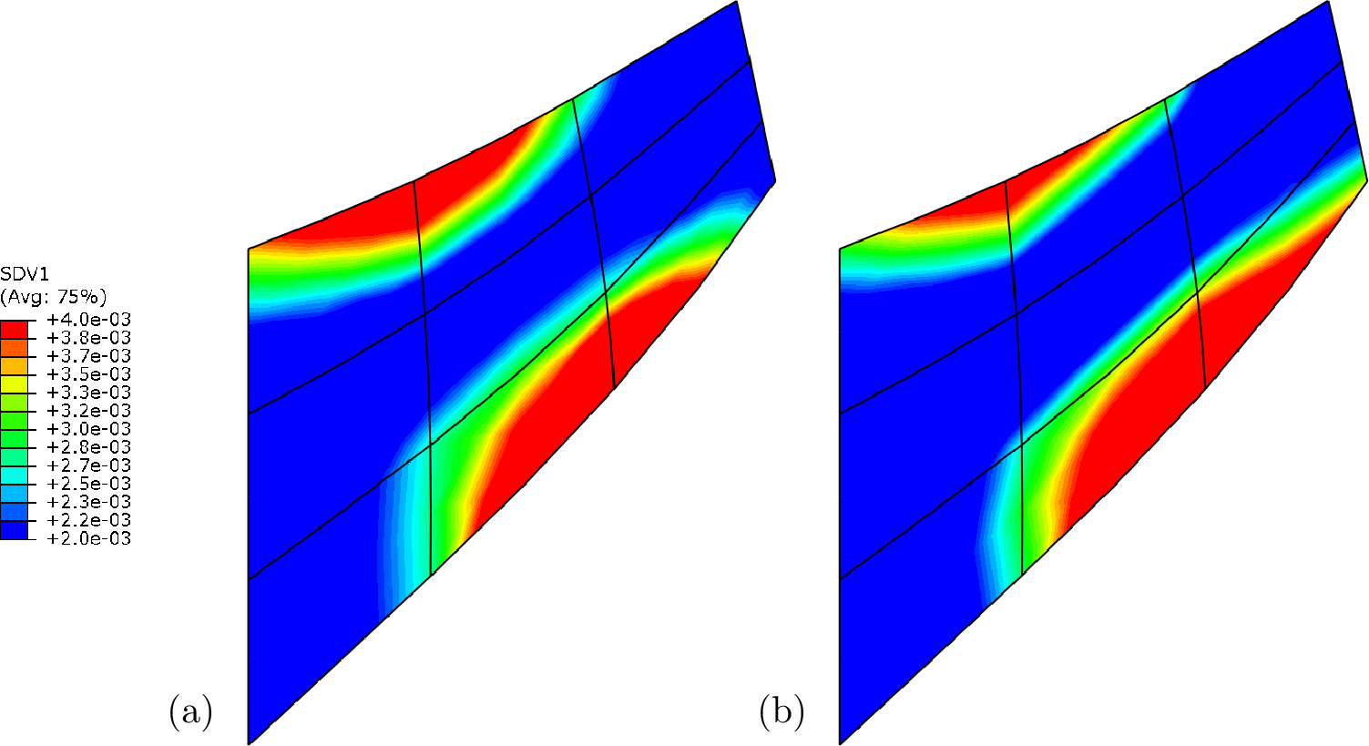 Figure 19: Plastic strain contours of Cook’s problem for (a) multiscale and (b) neural network models.