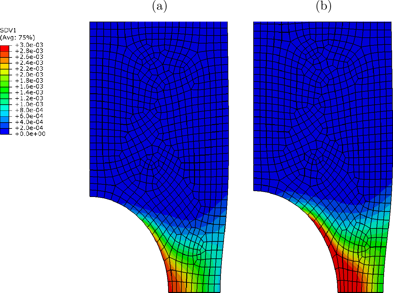 Figure 29: Equivalent plastic strain contours for the non-proportional loading case at the end of the analysis: (a) Case 1 and (b) Case 2.
