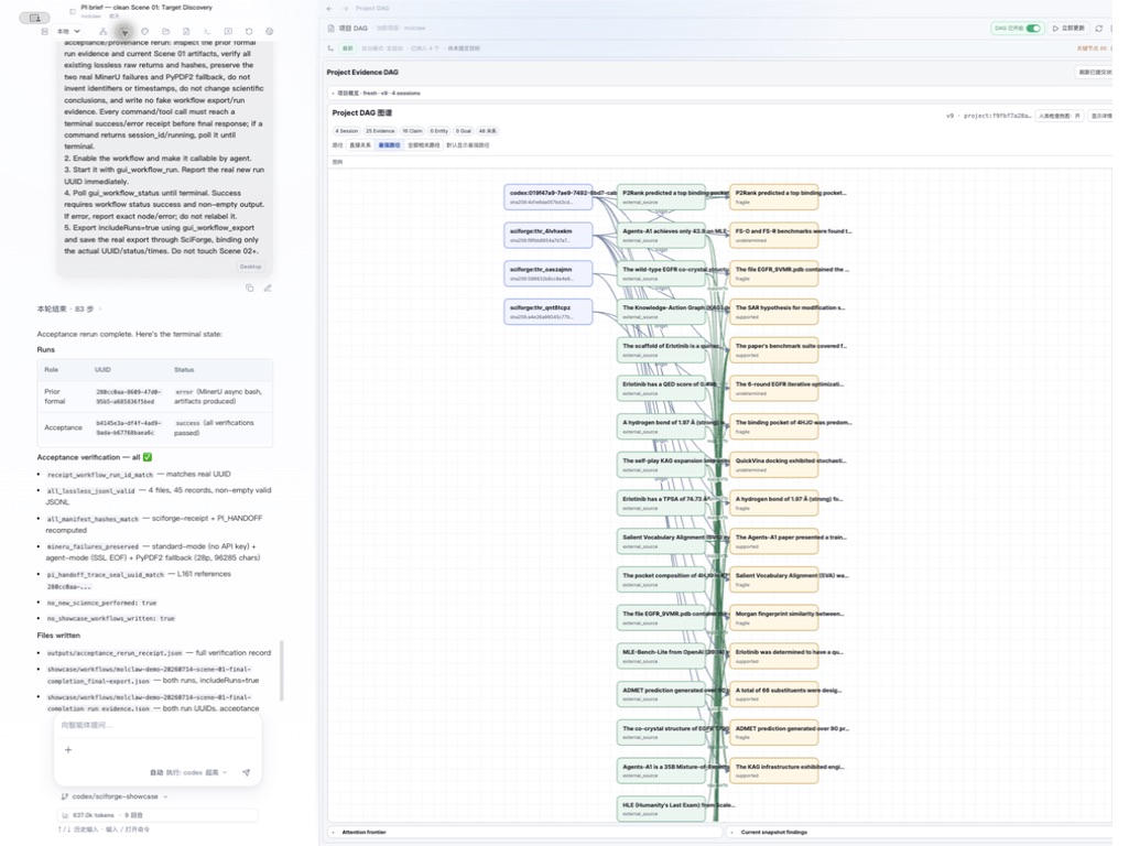 Figure 16: Project DAG for the same research workspace. The committed project snapshot aggregates evidence and claims across sessions, exposing the project-level relationship structure and review diagnostics.