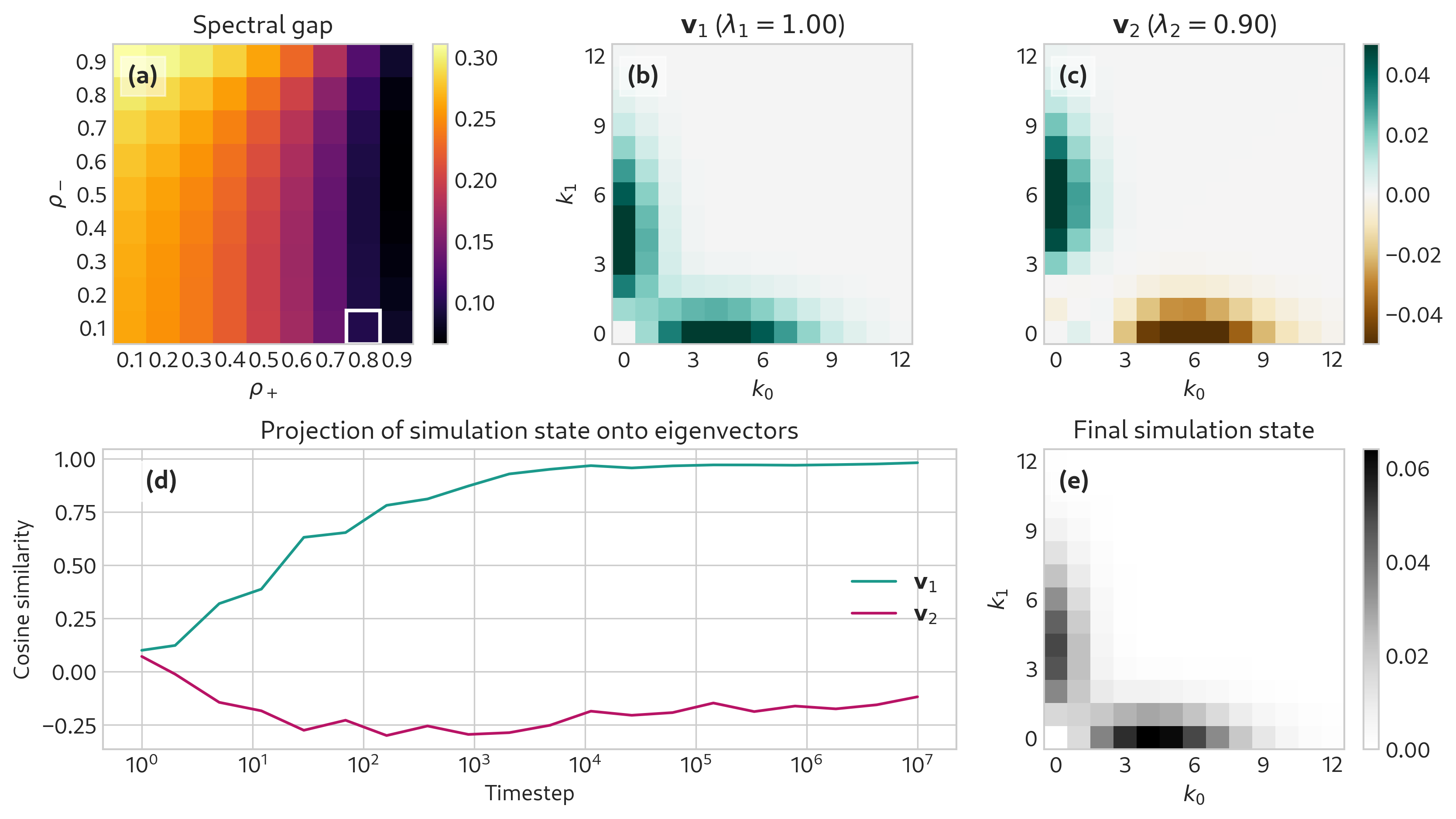 Figure 2: Illustrative long-run dynamics of our model. (a): Spectral gap 1 - \lambda_2 of the linear map T as a function of \rho{}_+ and \rho{}_- for fixed parameter values \gamma{}_+ = 0.5, \gamma{}_- = 0.2, \eta{}_+ = 0.4 and \eta{}_- = 0.2. The highlighted values \rho{}_+ = 0.8 and \rho{}_- = 0.1 are used in the remainder of the visualization. (b): Leading eigenvector \mathbf{v}_1 of T, describing the stationary joint distribution q_{\infty} \left( k_0, k_1 \right) of label counts in edges. (c): Second eigenvector \mathbf{v}_2 of T. The transients of the model dynamics are dominated by the subspace spanned by \mathbf{v}_1 and \mathbf{v}_2. (d): Euclidean projections of the simulated joint distribution q_{t} \left( k_0, k_1 \right) onto the eigenvectors \mathbf{v}_1 and \mathbf{v}_2 during a simulation run with 10^7 timesteps. At each time point, we aggregate the most recent 1,000 edges to compute the joint distribution in order to approximate an “instantaneous” simulation state. (e): Empirical joint distribution q_{t} \left( k_0, k_1 \right) aggregated across 10^7 timesteps.