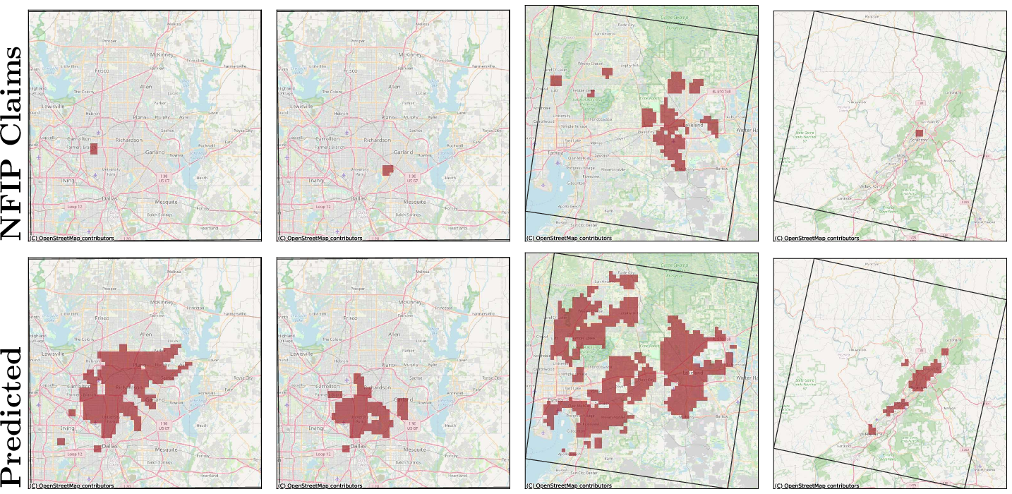 Figure 7: DELUGE dense urban failure cases NFIP claims and DELUGE predictions on four held-out test days where DELUGE fails to pinpoint flood claims in urban areas.