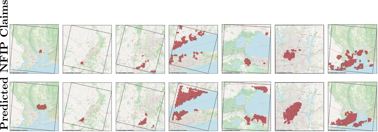 Figure 4: Pluvial NFIP claims (top) and DELUGE predictions (bottom) on seven held-out test days. Red colored cells corresponds to pixels with flood claims (top) and pixel where DELUGE predicted pluvial NFIP flood claims (bottom).