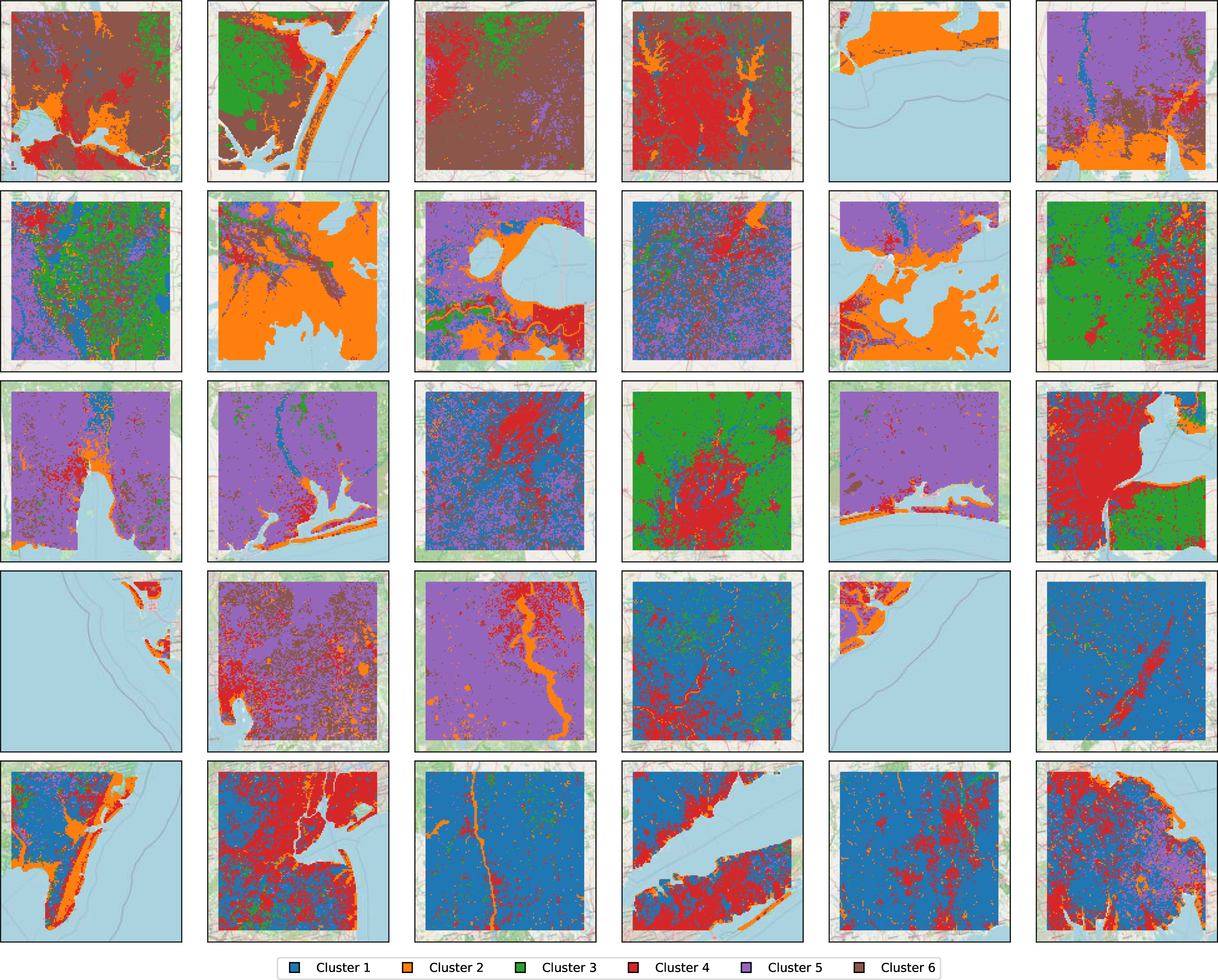 Figure 9: Google AlphaEarth Clustering results for all 30 held-out cells. See §11.