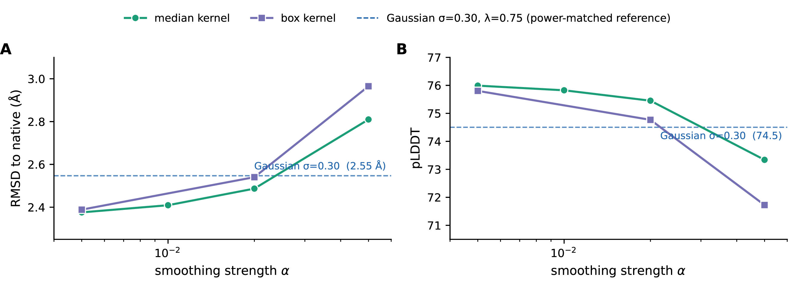 Figure 41: Independent-\alpha dose-response for median and box kernels. Structural outputs at cumulative depth 48, \lambda= 0.75, MSA 64 \times 64, single seed (42), ubiquitin model_1_ptm. A: RMSD to native. B: pLDDT. The smoothing strength \alpha is varied independently (not power-matched to the Gaussian). Both kernels produce graded, monotonic responses; at every shared \alpha the two sweeps coincide to within 0.16 Å RMSD and 1.6 pLDDT units, with the largest gap falling at \alpha = 0.05 in both metrics. The dashed blue line marks the power-matched Gaussian reference (\sigma= 0.30, RMSD 2.55 Å, pLDDT 74.5) from Table 6; both sweeps cross this reference between \alpha = 0.02 and \alpha = 0.05. The box series omits \alpha = 0.010.