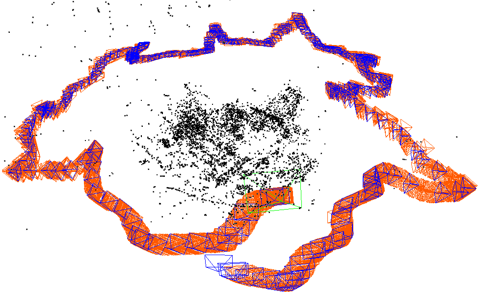 Figure 6: 3D render capture of GLidE-SLAM running on fr2/desk dataset: Orange camera frames represent direct tracking, dark blue frames represent indirect tracking.
