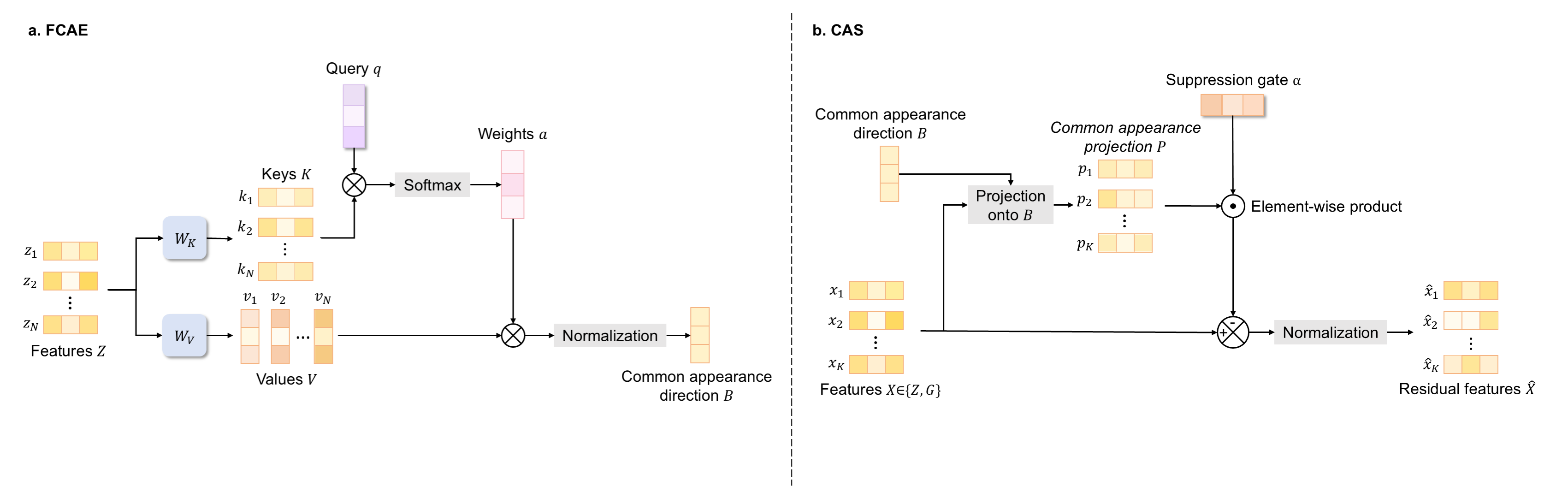 Figure 2: Detailed workflow of FCAE and CAS. FCAE estimates the common appearance direction B from the current detection feature set Z. Given either detection features or historical trajectory features, X\in\{Z,G\}, CAS applies the same direction B and learnable suppression gate \alpha to obtain the residual features \hat{X}.