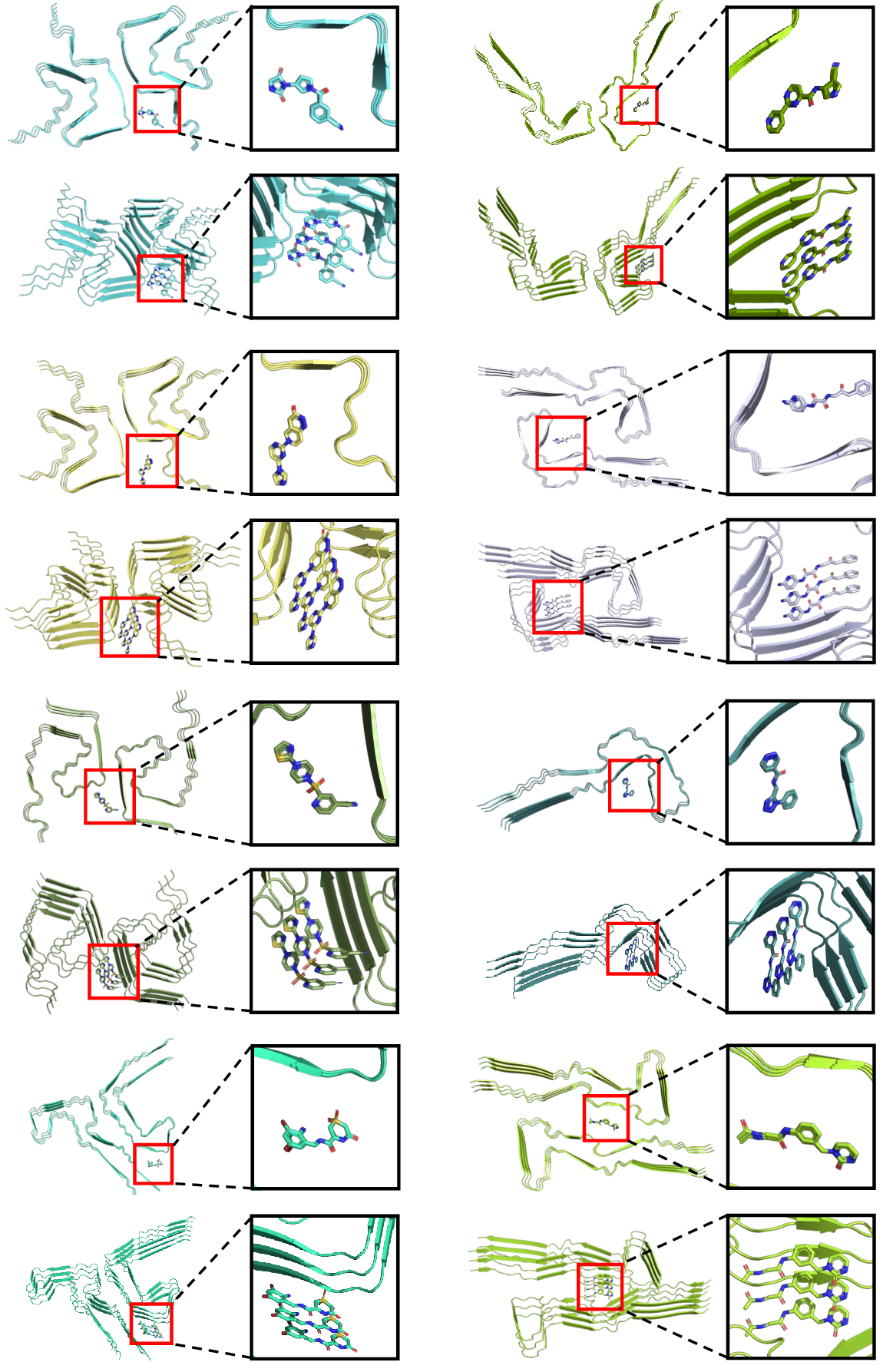 Figure 12: Additional qualitative visualisations of CORAL’s predicted fibril–ligand poses across AmyDock targets. Each case pairs a top-down view along the fibril axis with an oblique view, highlighting the local geometry of cooperative stacking and protein–ligand contacts.