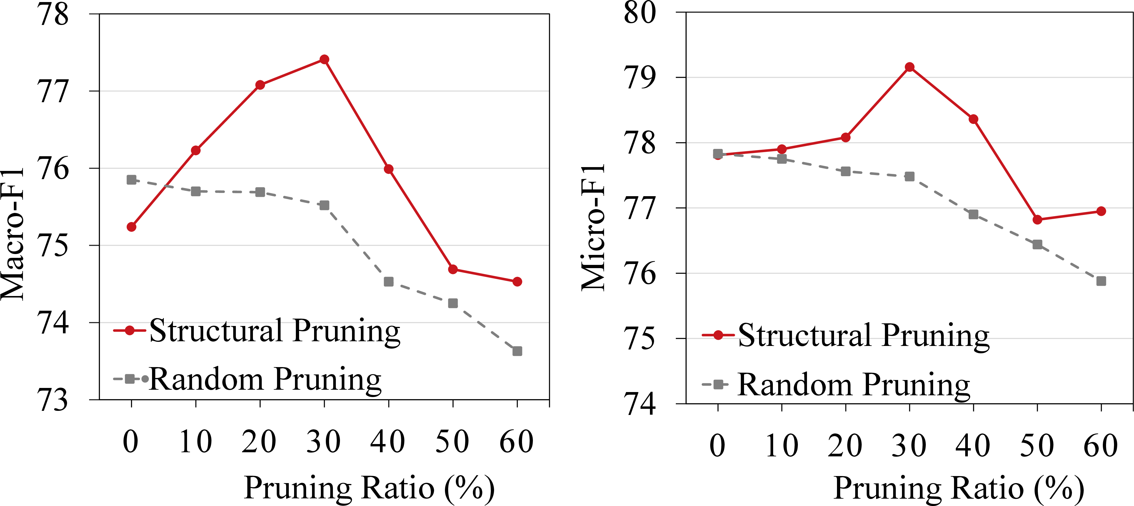 Figure 3: Performance comparison curves between “Structural Pruning” and “Random Pruning” under different pruning ratios across the source (ACMv9) and target (DBLPv7) domains.